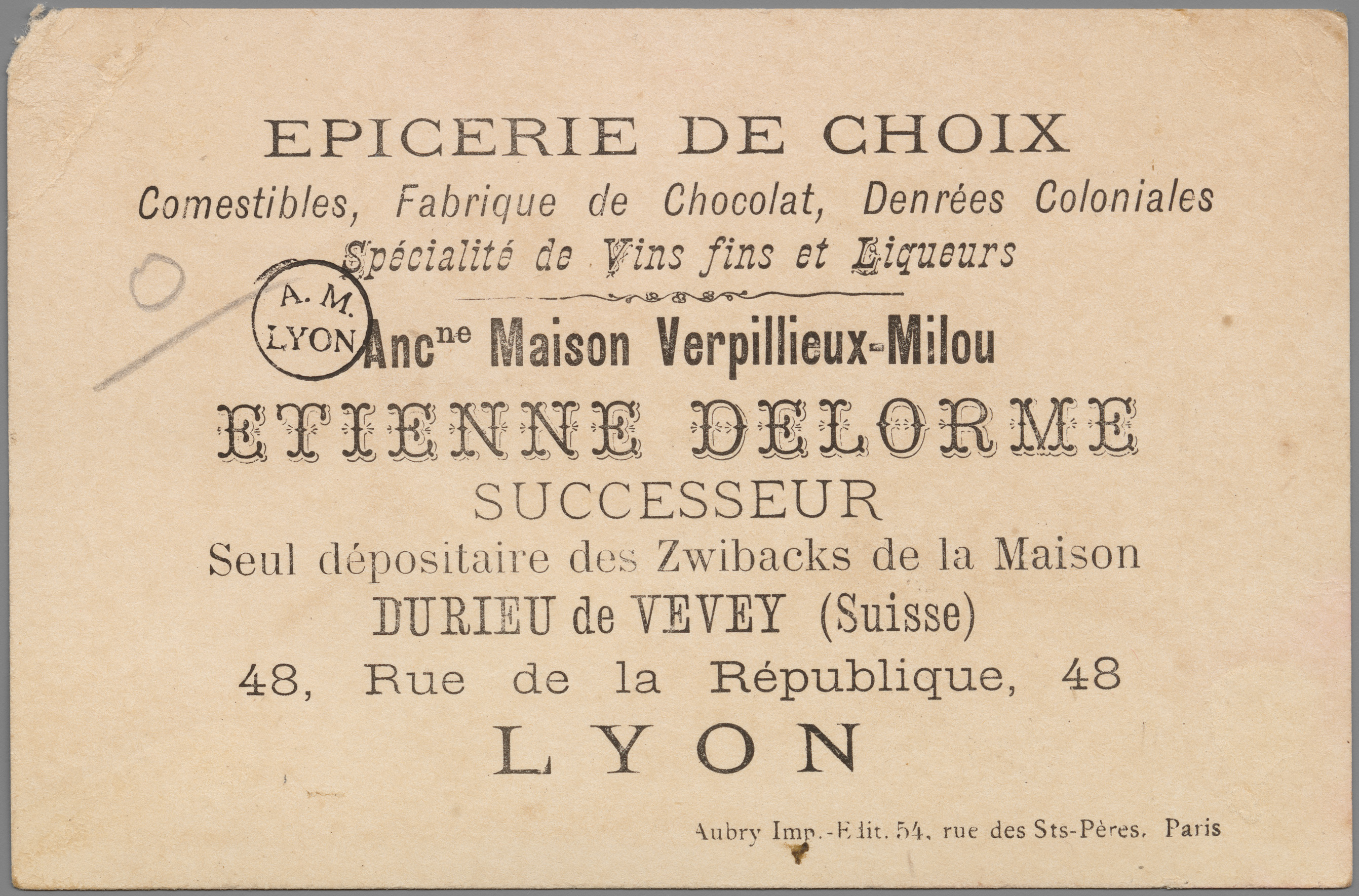 Ancienne Maison Verpilleux-Milou - Épicerie de choix : chromolithographie publicitaire NB (fin XIXe, cote : 10FI/31)