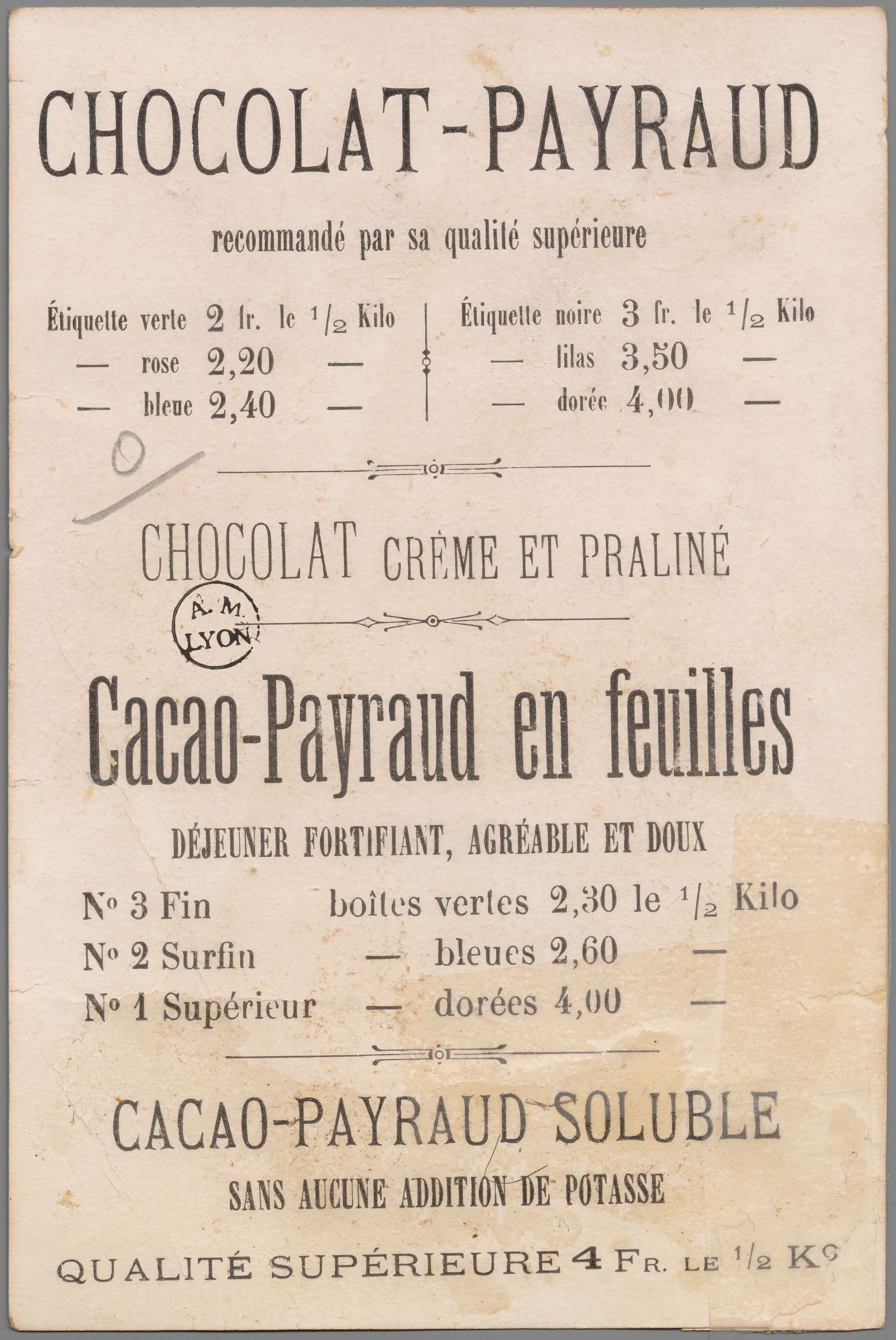 Chocolat-Payraud, cacao-Payraud en feuilles et cacao-Payraud soluble : chromolithographie publicitaire NB (fin XIXe, cote : 10FI/40)