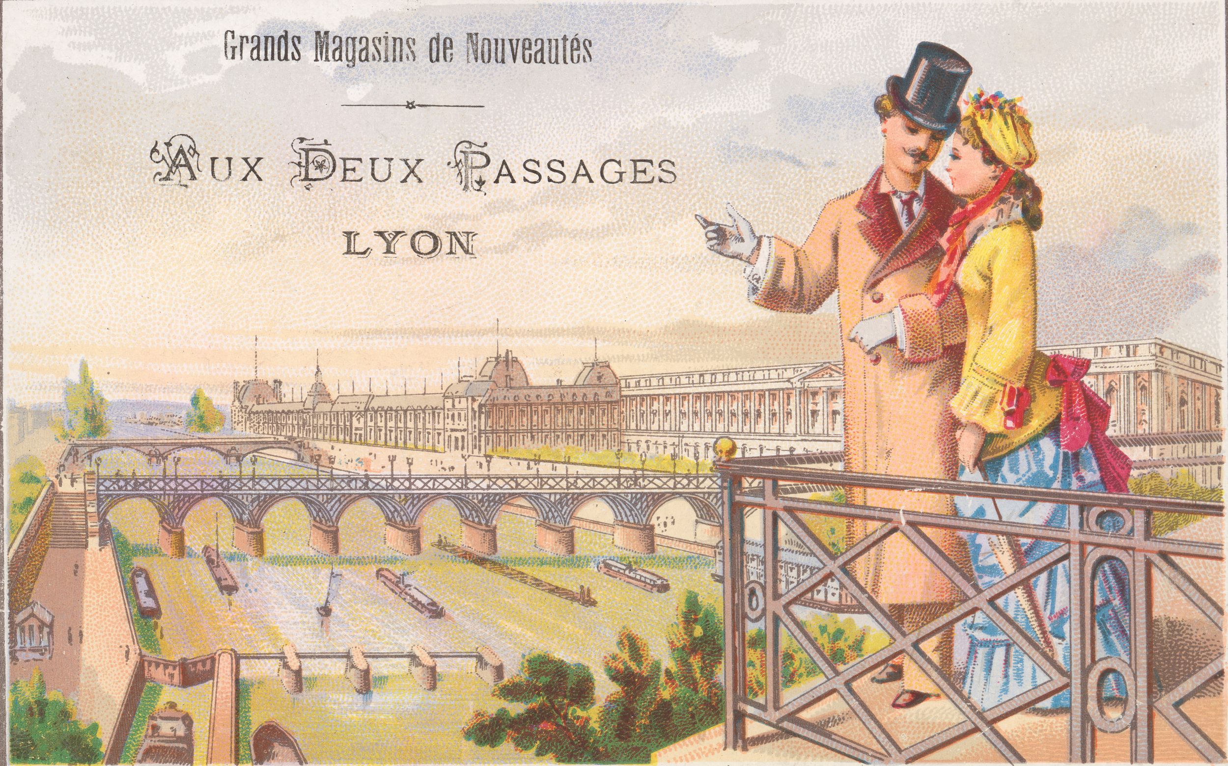 Aux deux passages - Grands magasins de nouveautés : chromolithographie publicitaire couleur (fin XIXe, cote : 10FI/42)