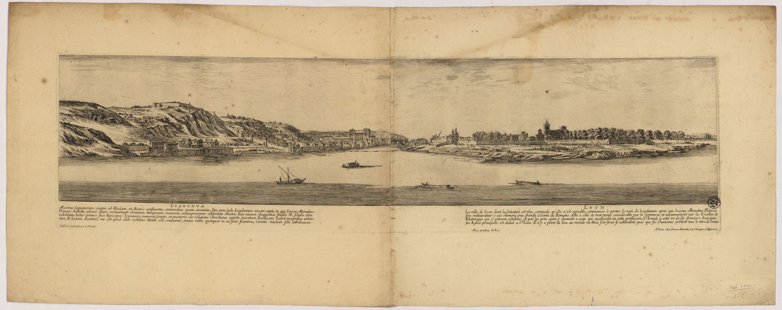Vue panoramique de Lyon depuis le faubourg de la Mulatière accompagnée d'un texte : gravure en taille douce (eau-forte) par Israël Silvestre (XVIIe, cote : 16FI/89)