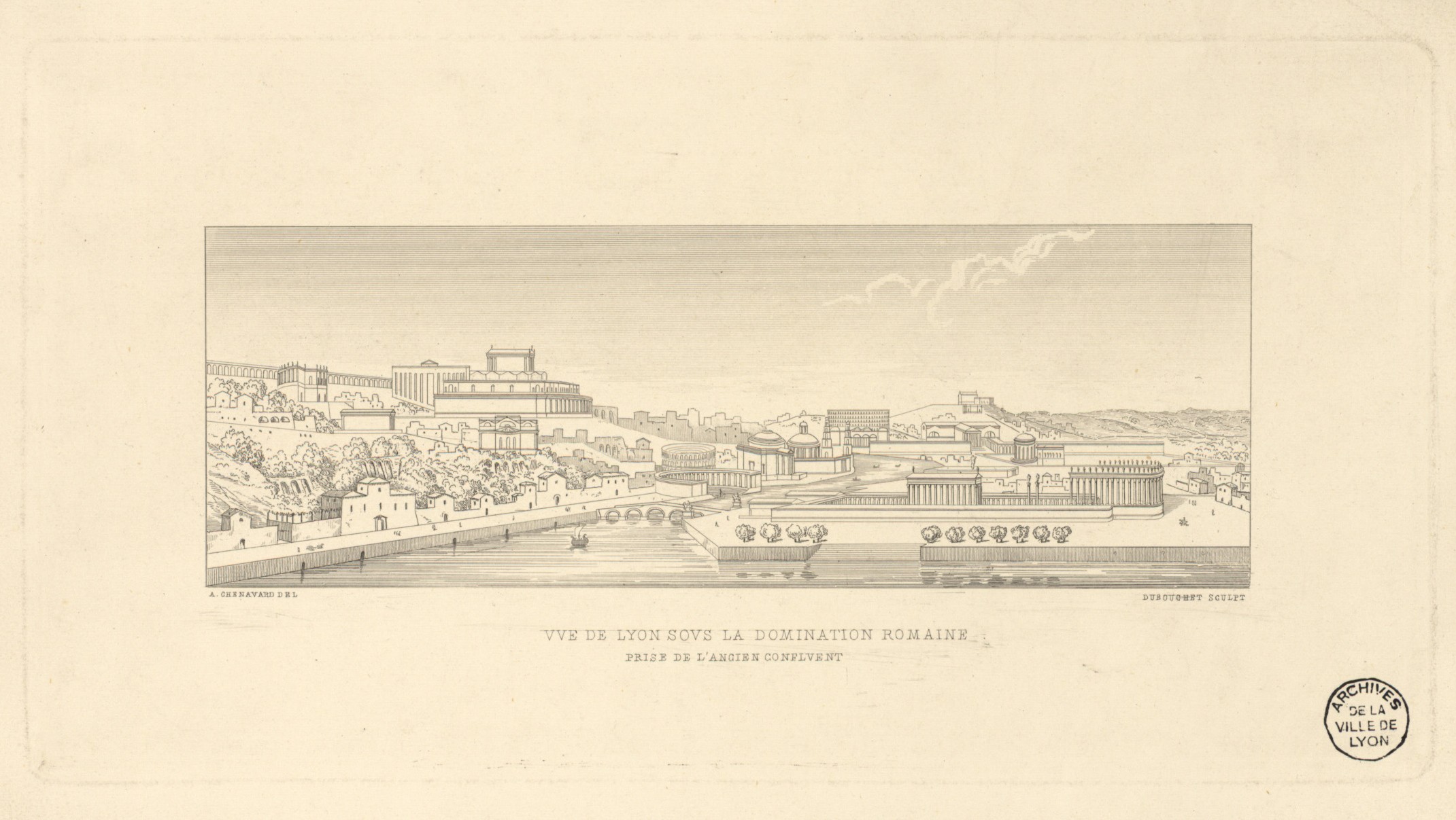 Reconstitution de Lugdunum vue depuis le confluent du Rhône et de la Saône : gravure par Henri-Joseph Dubouchet d'après un dessin d'Antoine-Marie Chenavard (XIXe, cote : 16FI/130)