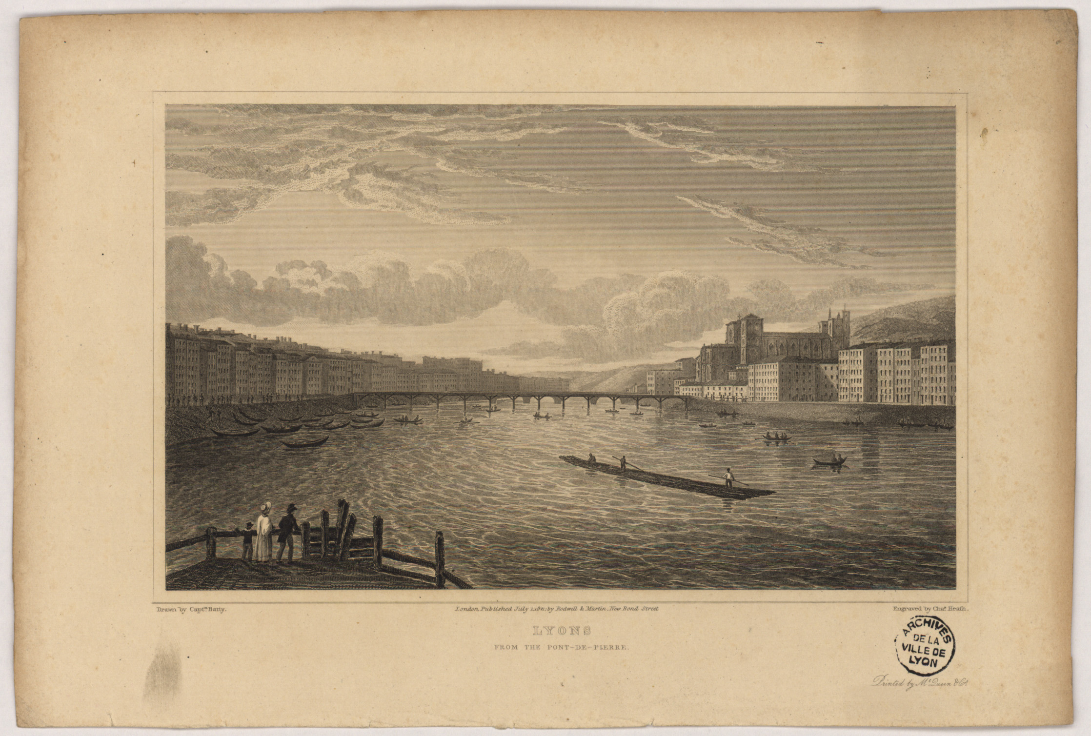 Vue de Lyon, de la Saône et du pont volant depuis le pont de Pierre (ancien pont du Change) : gravure NB en taille-douce par Charles Heath d'après un dessin de Robert Batty (1821, cote : 16FI/243)