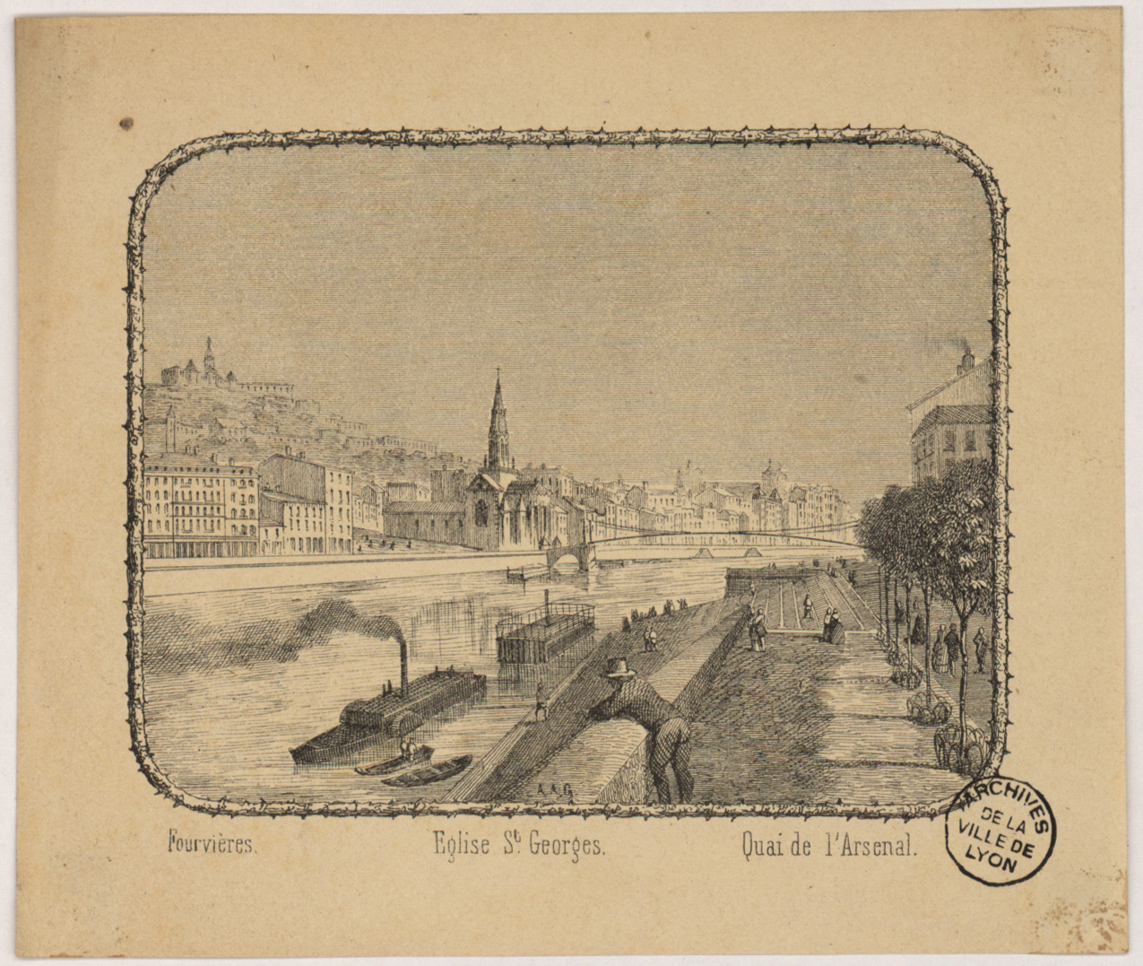 Vue de la colline de Fourvière, de l'église Saint-Georges, de la Saône et du quai de l'Arsenal : typogravure NB (s. d., cote : 16FI/287)