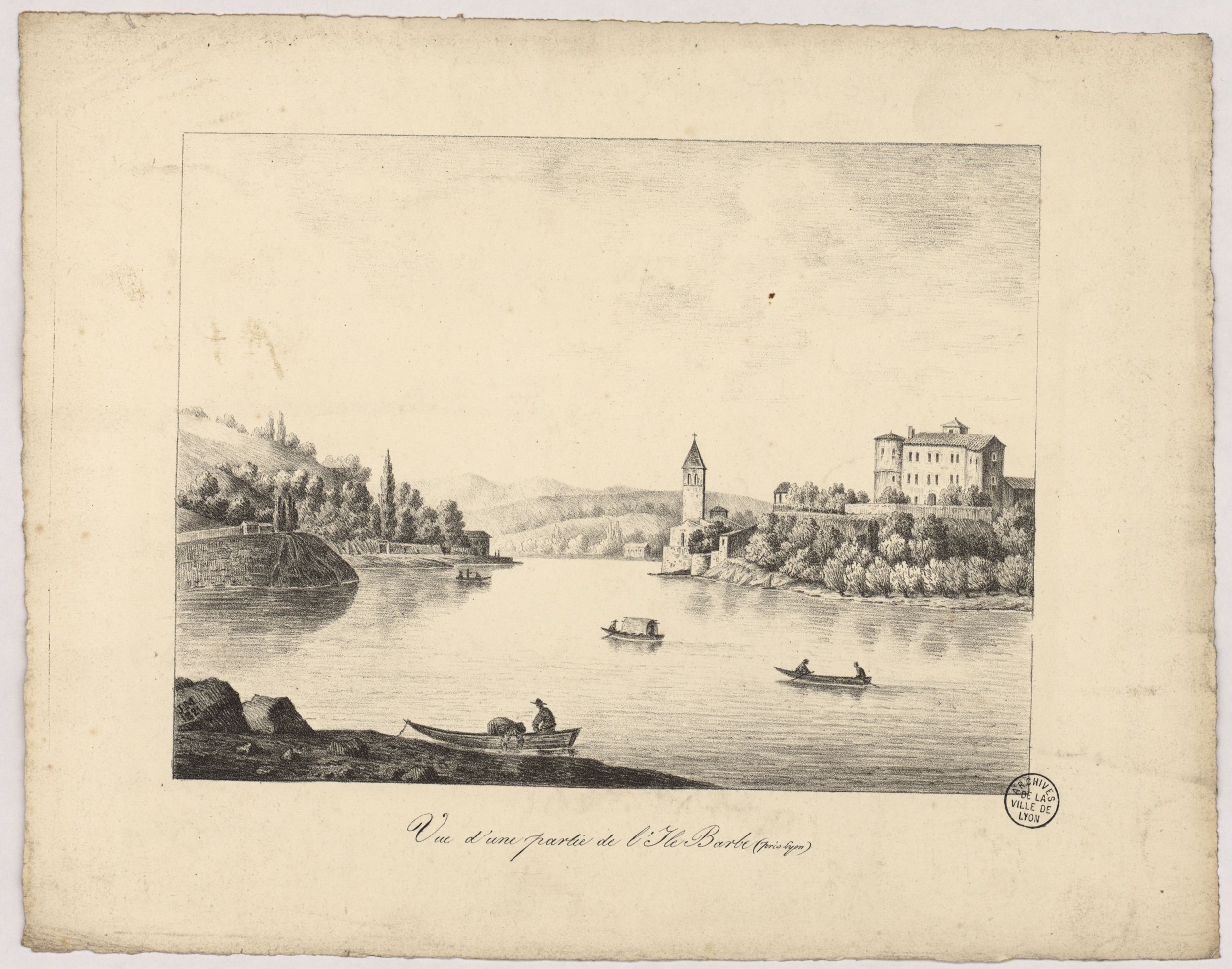 Vue d'une partie de l'Ile Barbe (près Lyon) : lithographie NB (1821, cote : 16FI/372)