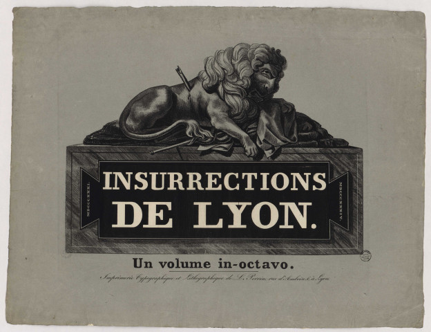 Affiche publicitaire pour un ouvrage imprimé représentant un lion agonisant, transpercé par une lance : lithographie NB par Louis Perrin (1834, cote : 16FI/468)