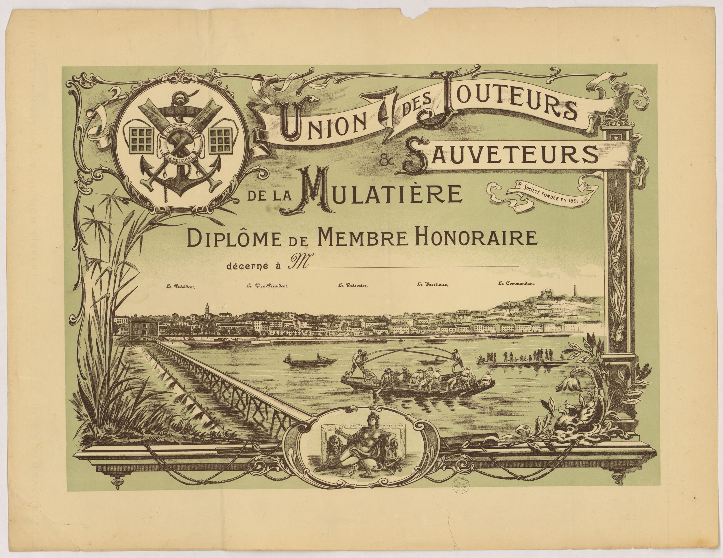 Diplôme de l'Union des Jouteurs Sauveteurs de la Mulatière : reproduction couleur (1910, cote : 16FI/471)