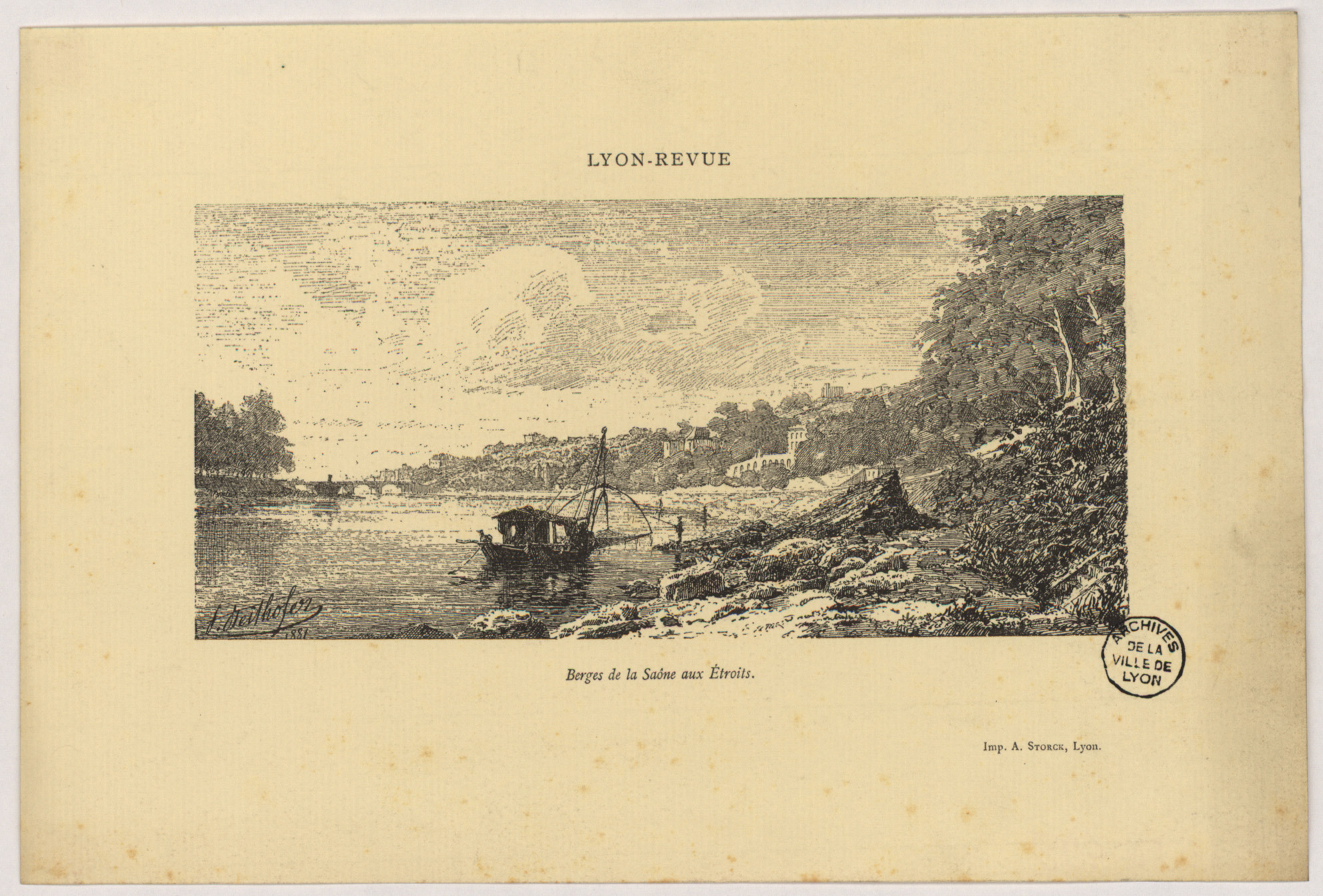 Berges de la Saône aux Étroits : gravure NB en taille-douce et eau-forte par F. Reithofer (1881, cote : 16FI/498) 