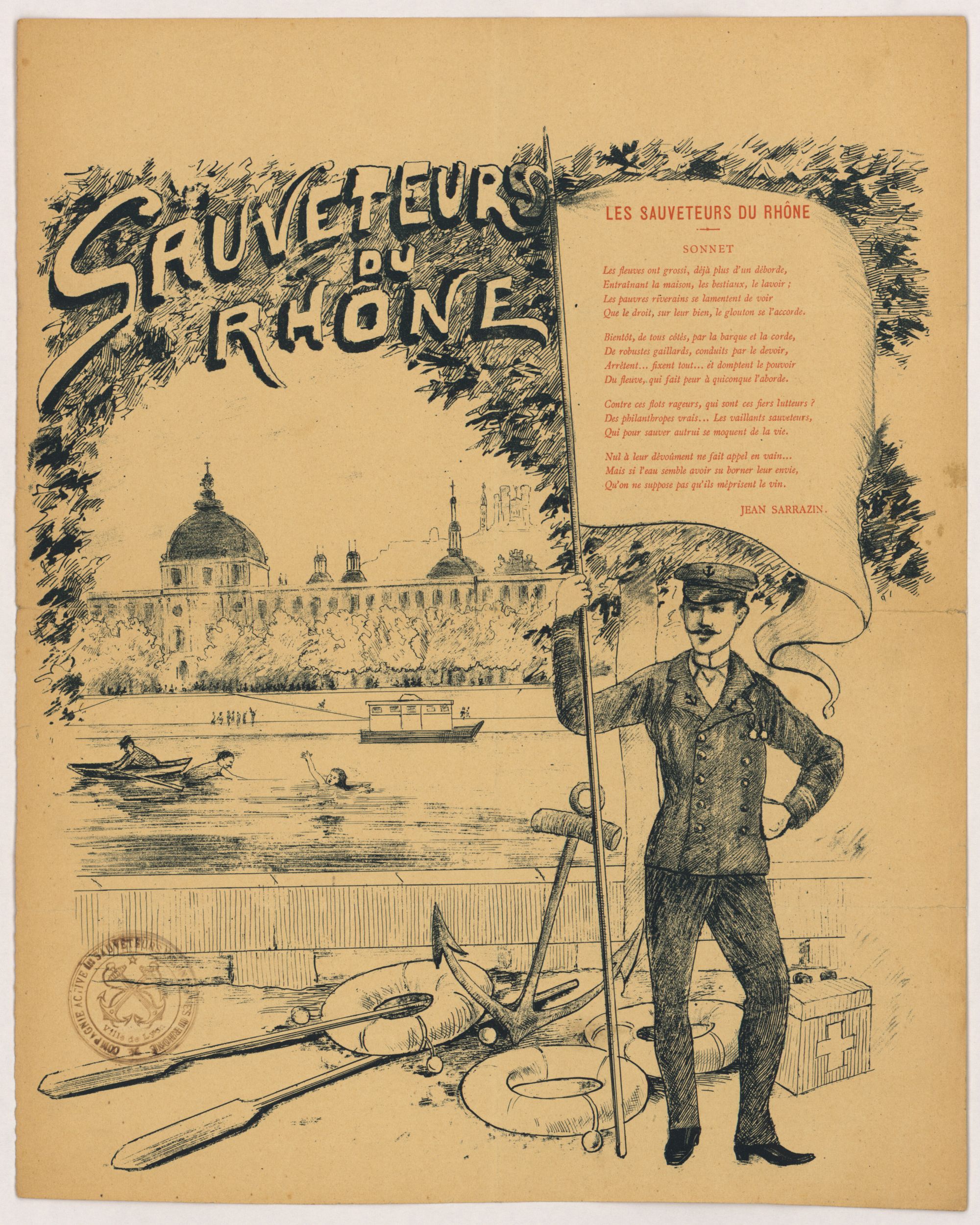 Dessin représentant un sauveteur portant un étendard sur lequel est écrit le sonnet de Jean Sarrazin "Les sauveteurs du Rhône" : dessin couleur ( XIXe-XXe, cote : 16FI/598)