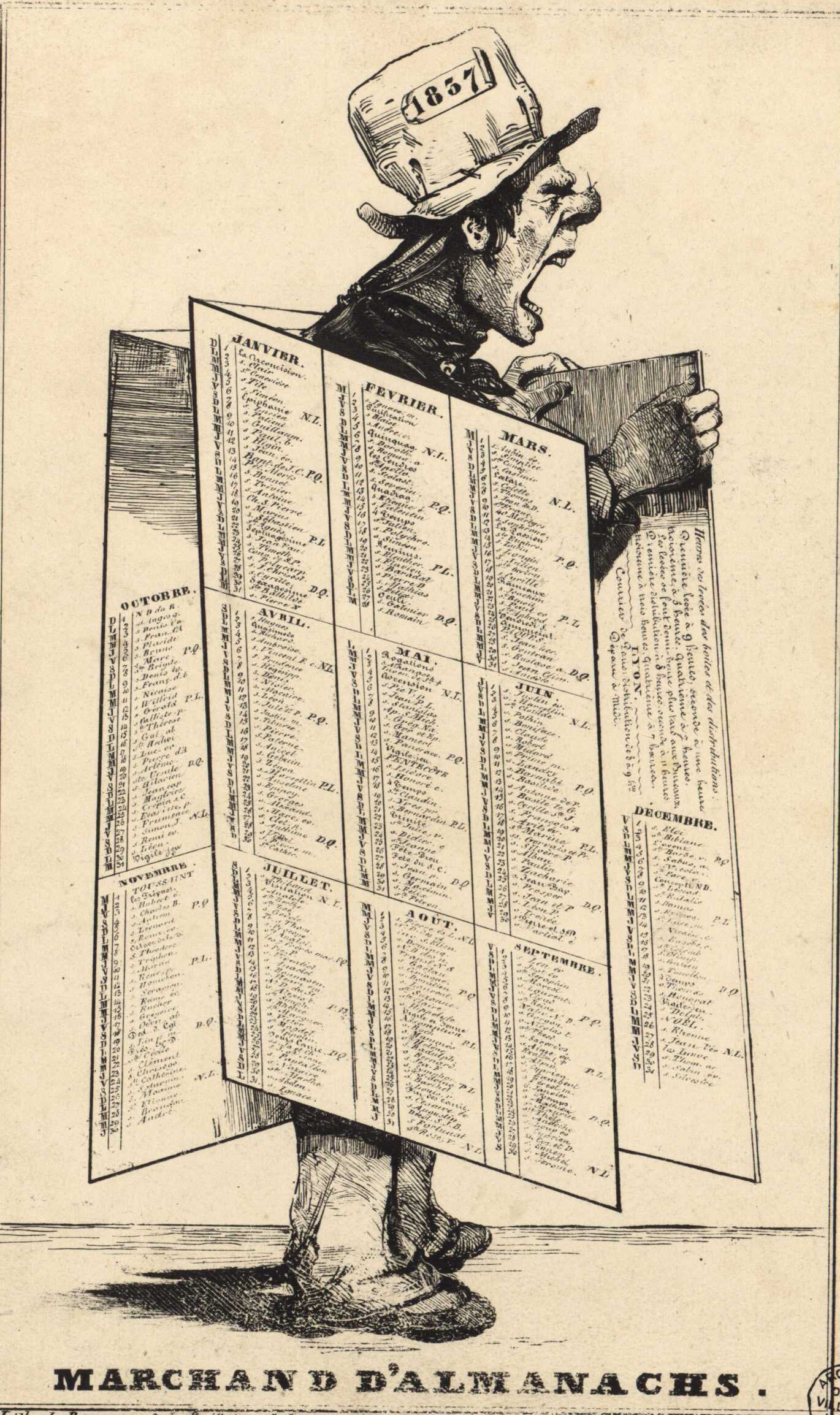 Calendrier de l'année 1837 présenté sous la forme d'une caricature d'un marchand d'almanachs : lithographie NB par Roux (1837, cote : 16FI/607)