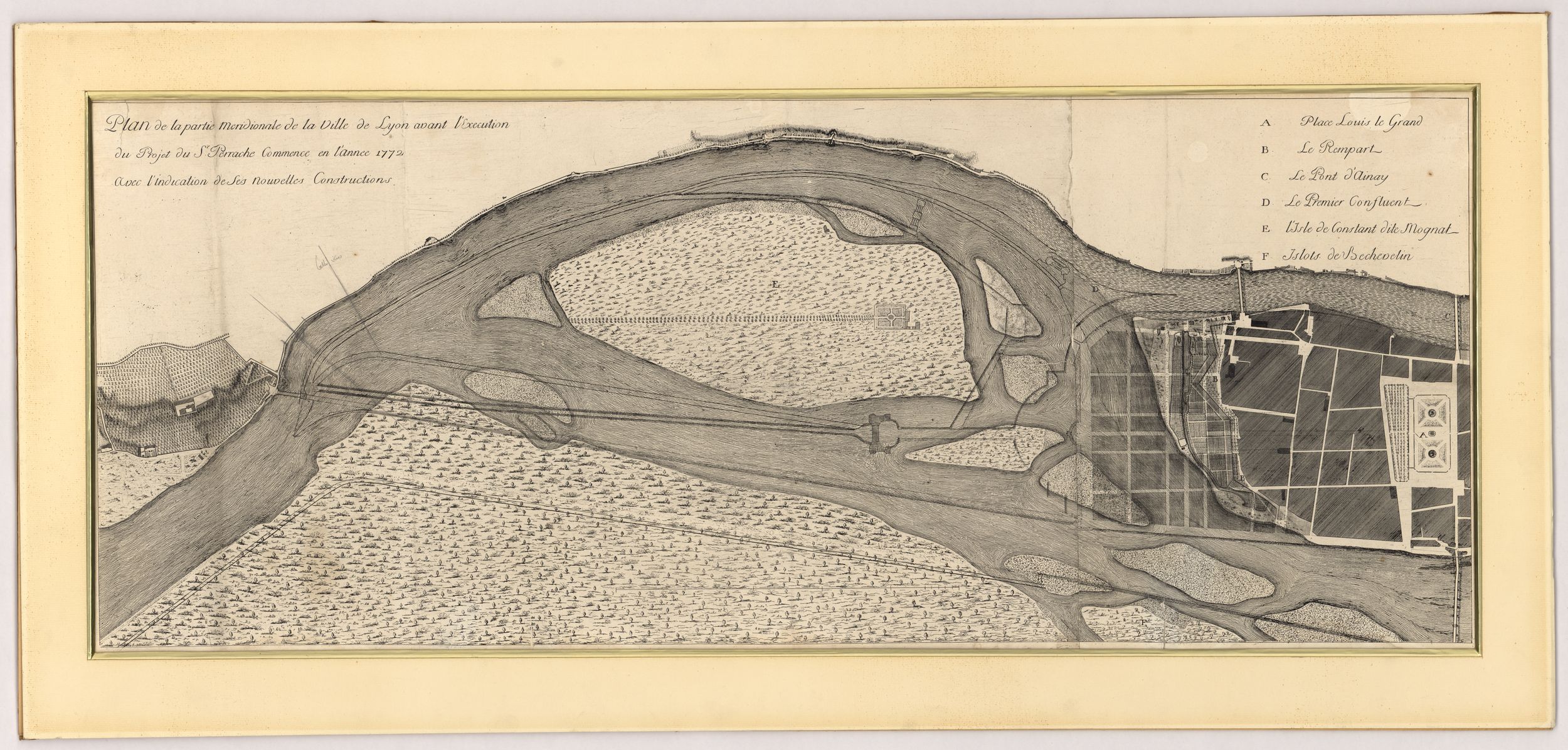 Plan d'agrandissement de la Presqu'île par Antoine-Michel Perrache : gravure en taille-douce (eau-forte) (XVIIIe, cote : 16FI/627)