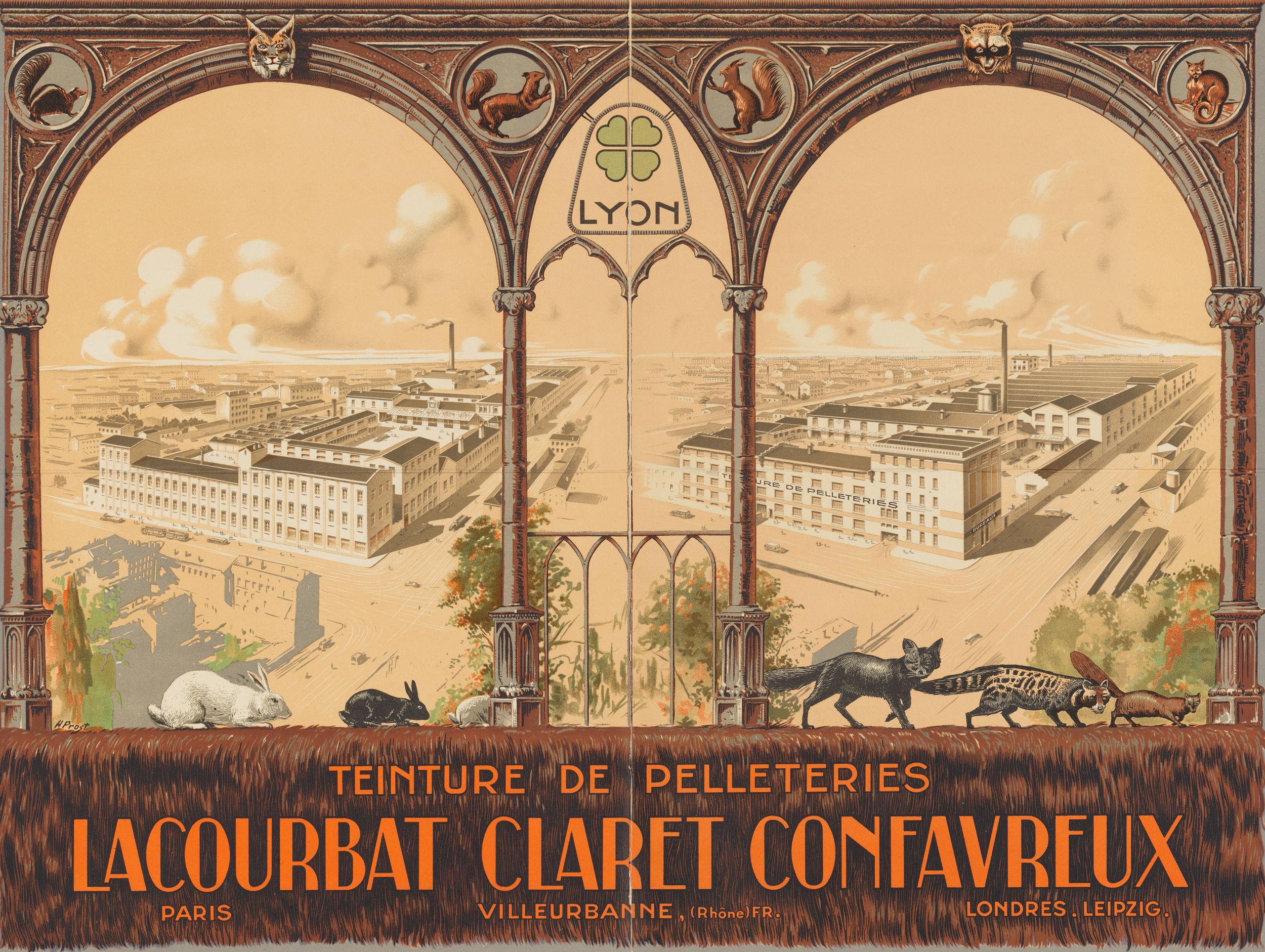 Affiche publicitaire pour des usines de teinture de pelleteries Lacourbat Claret Confavreux : dessin couleur de H. Prost imprimé par l'imprimerie B. Arnaud (XXe siècle, cote : 16FI/738)