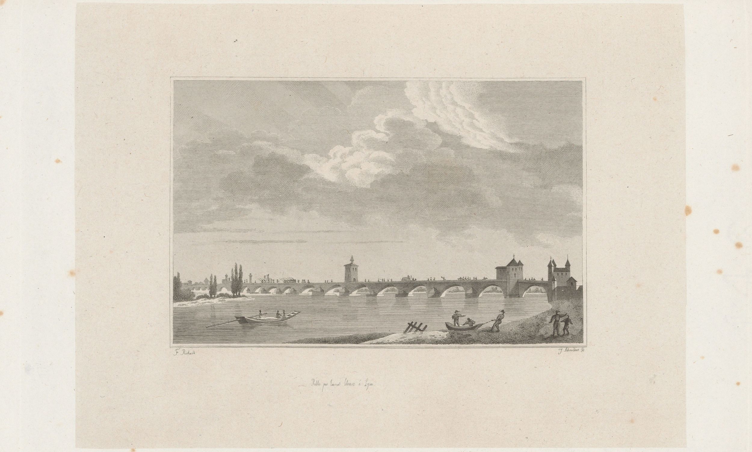 Pont de la Guillotière : estampe NB  par Schroeder père et fils (1830-1846, cote : 16FI/739/23)
