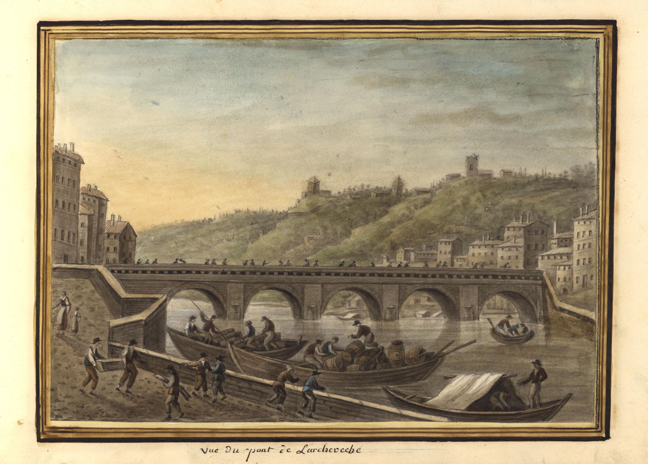 Le pont de l'Archevêché, aujourd'hui Bonaparte : aquarelle couleur par Joseph Fructus (1825, 17FI/53/23)
