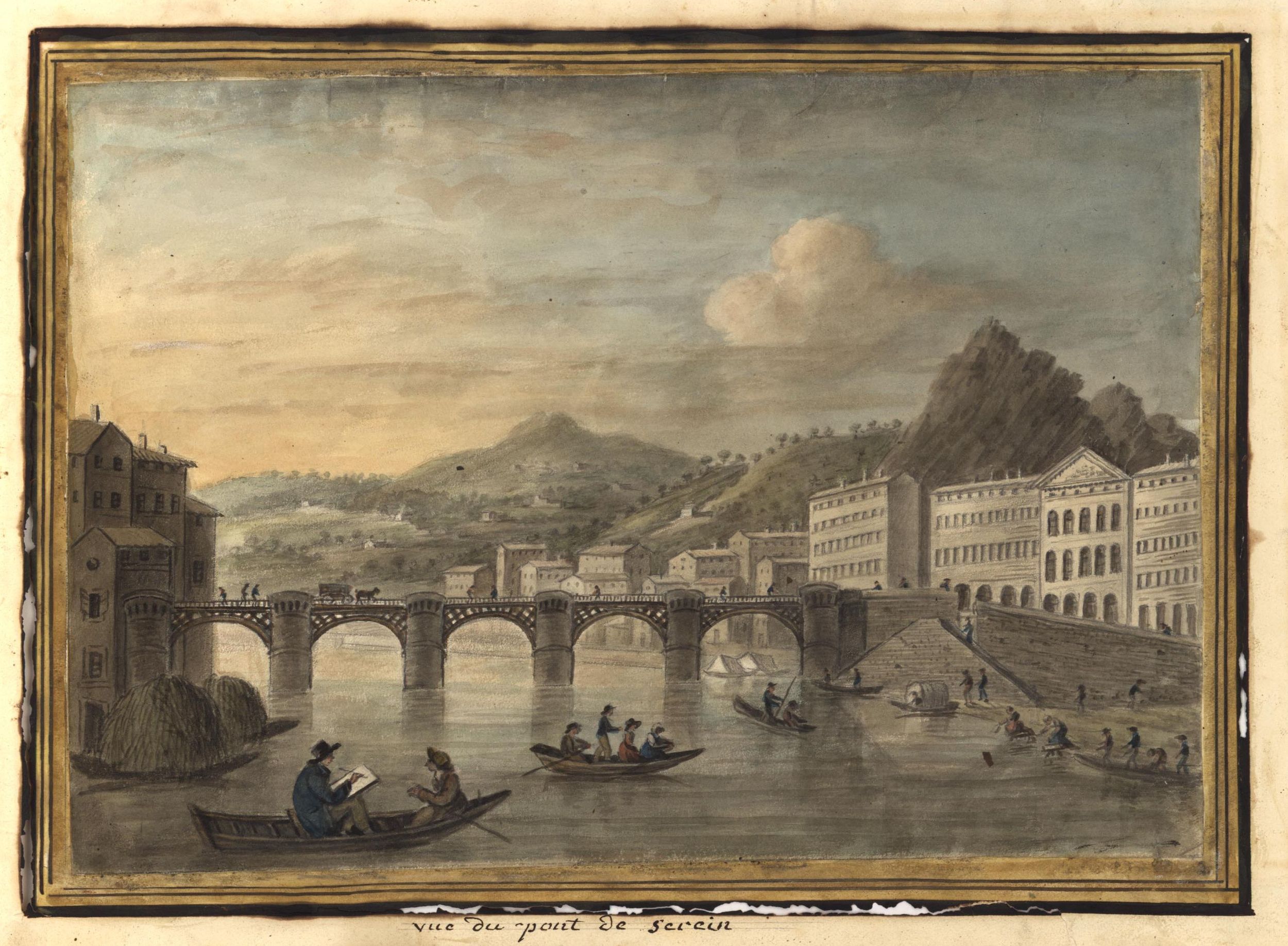 Pont Serin ou pont d'Halincourt : aquarelle couleur par Joseph Fructus (1825, cote : 17FI/53/26)