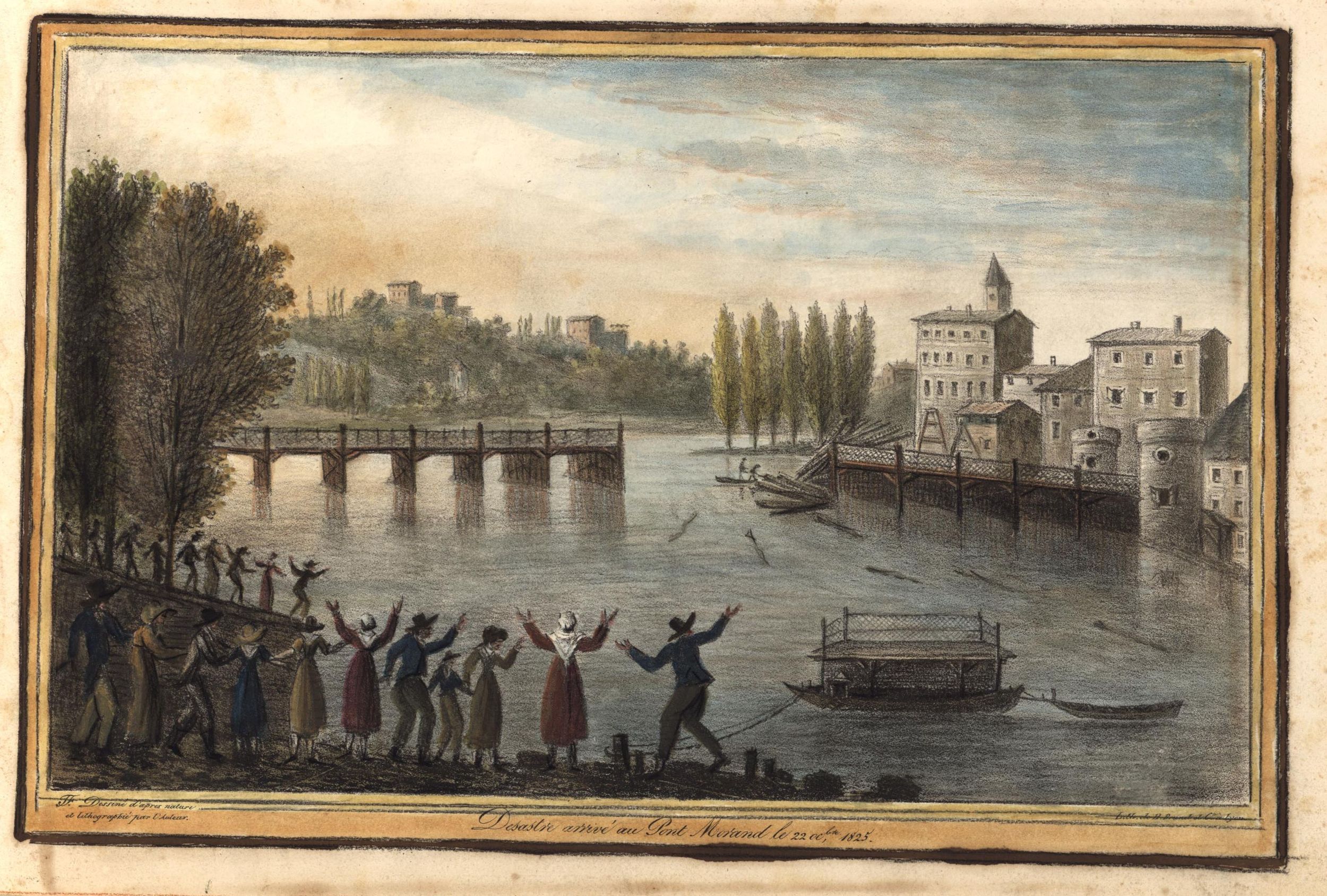 Désastre arrivé au pont Morand le 22 octobre 1825 : aquarelle couleur et craie noire par Joseph Fructus (1825, cote : 17FI/53/27)