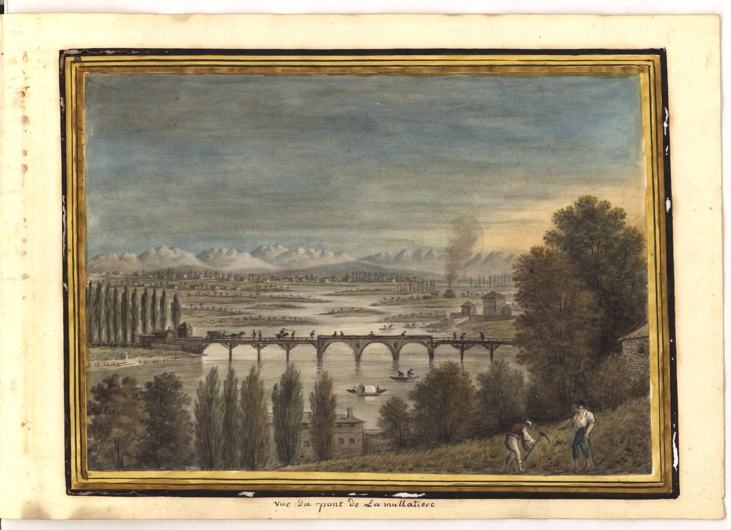 Vue du pont de la Mulatière : dessin aquarellé en couleur de Joseph Fructus-Rey (1825, cote : 17FI/53/31)