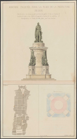 Fontaine projetée pour la place de la Préfecture de Lyon par Hilaire-Narcisse Pallu : dessin couleur, plume, encre, lavis et aquarelle (02/08/1841, cote : 17FI/142)