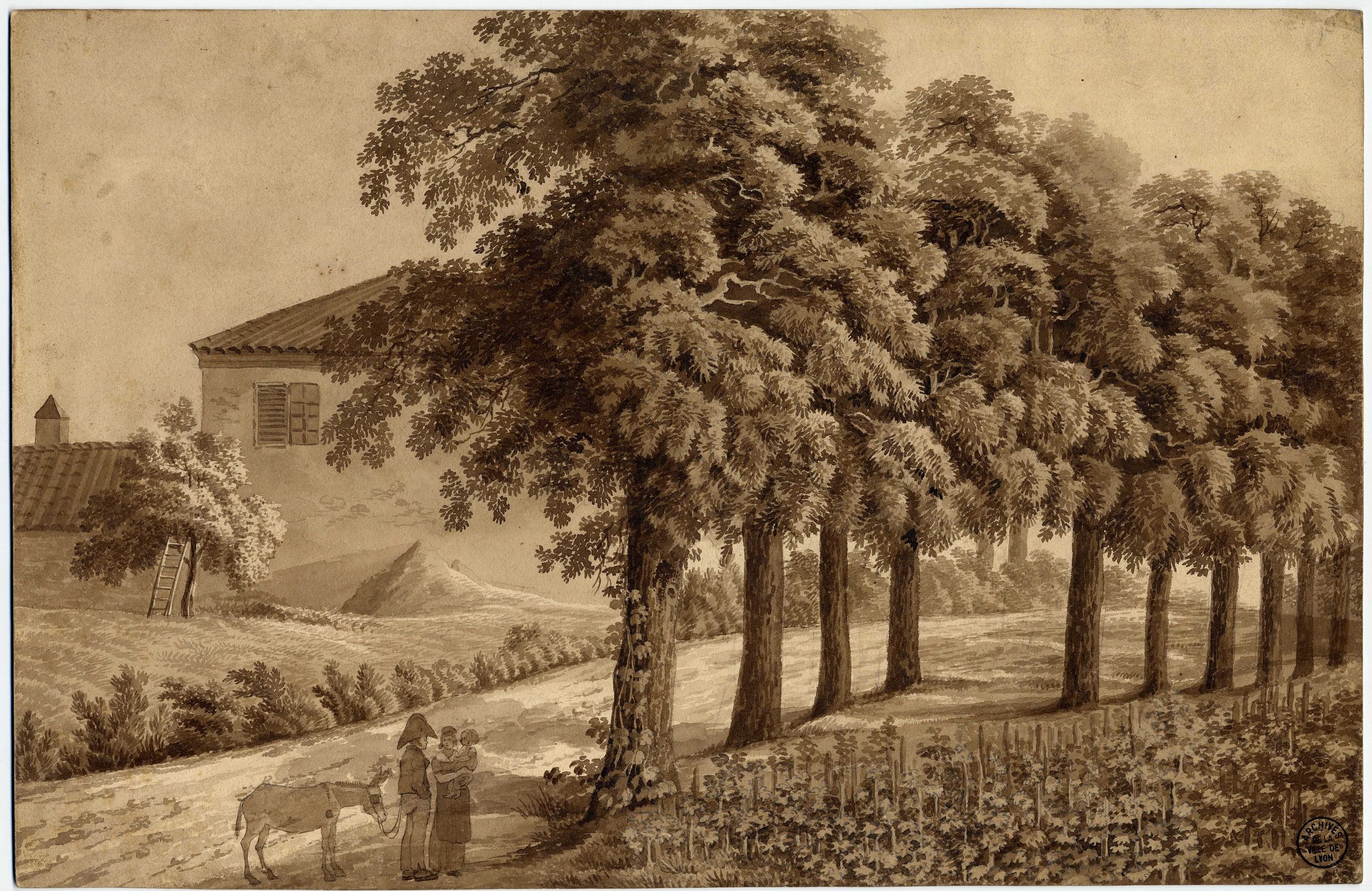 Vue panoramique de Lyon et de ses environs, âne et voyageurs : dessin au lavis brun (1780-1820, cote : 17FI/37/3)