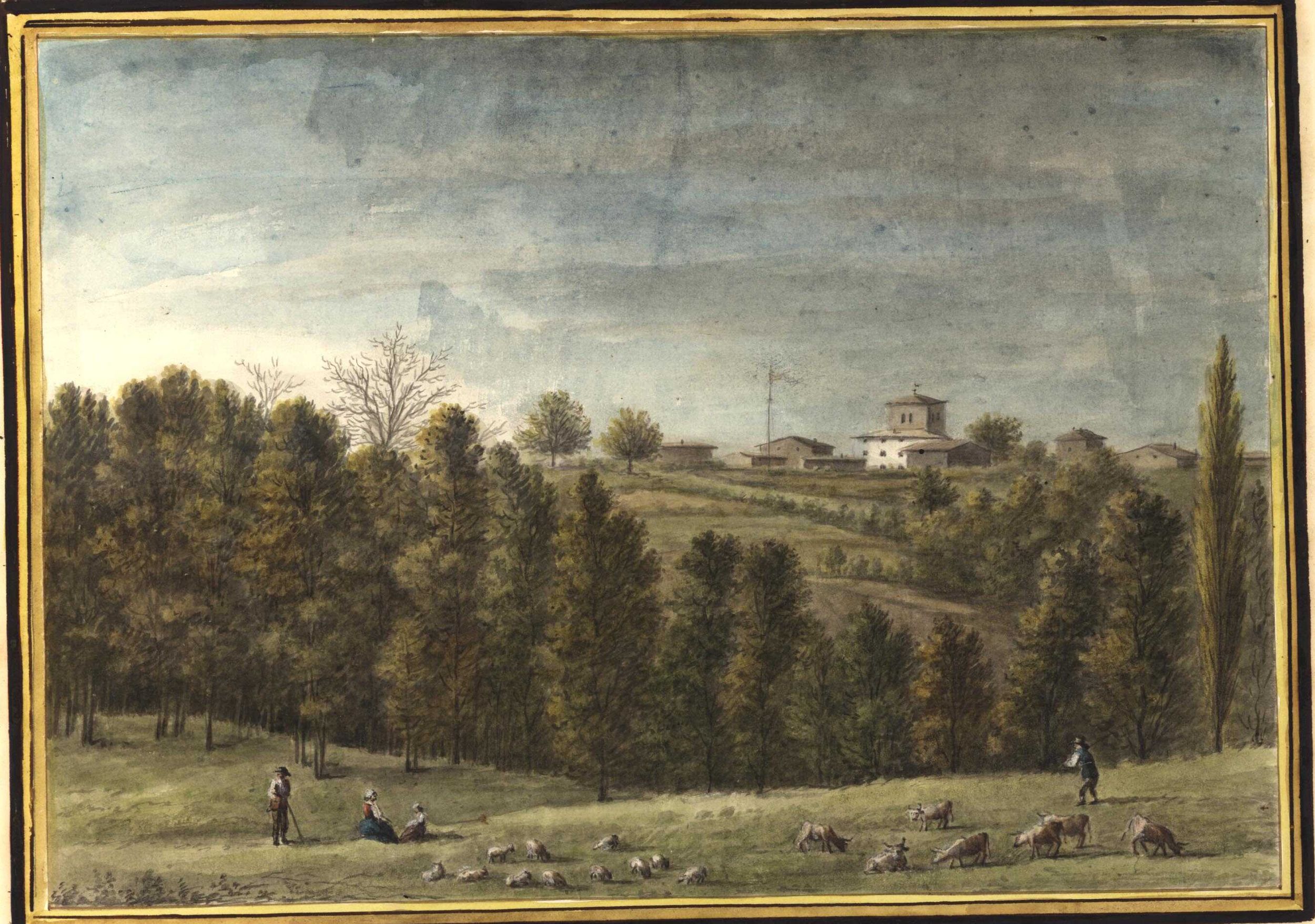 Vue de la paroisse d'Écully, paysans surveillant leurs troupeaux : aquarelle couleur par Joseph Fructus-Rey (1825, cote : 17FI/53/11)