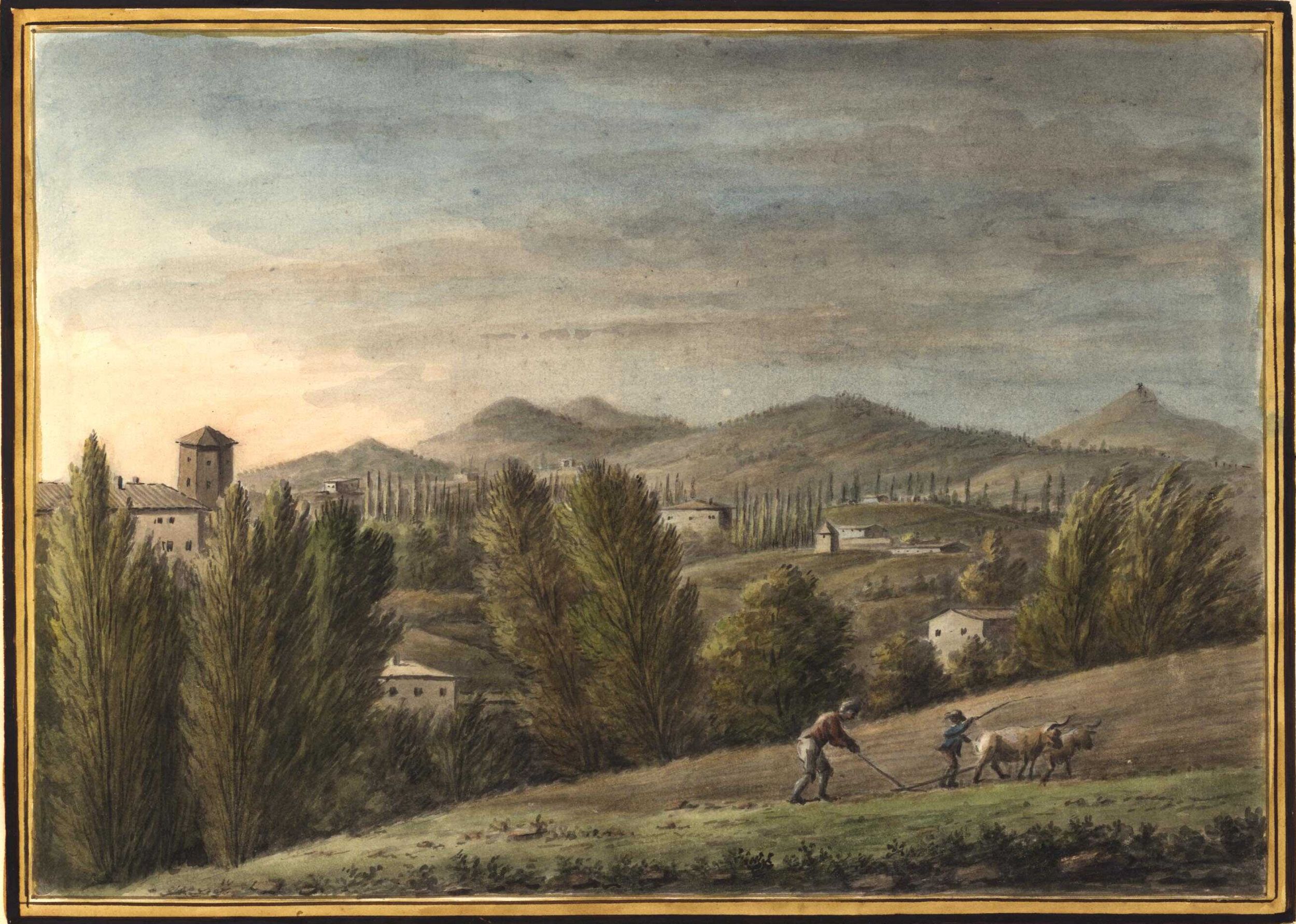 Vue des montagnes du Mont d'Or, fermier labourant un champ avec des bœufs : aquarelle couleur par Joseph Fructus-Rey (1825, cote : 17FI/53/9)