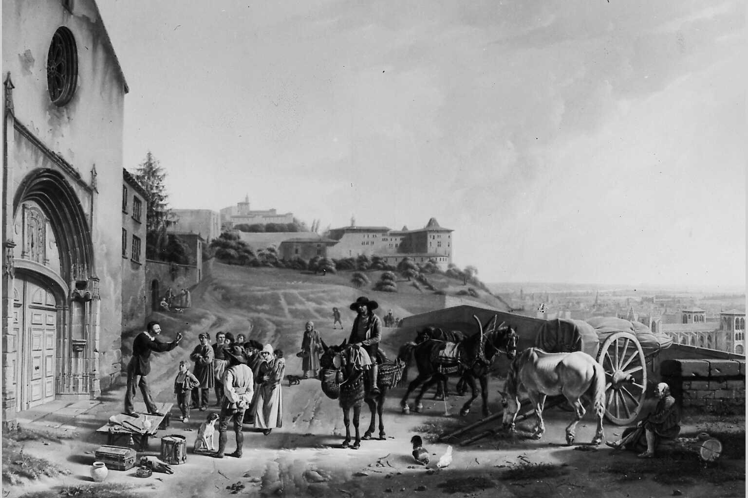 "Le marché de la place des Minimes à Lyon" (1819) : tableau de Jean-François Bellay, reproduction, tirage photographique NB par Jean-François Bellay (s. d., cote : 1PH/506)