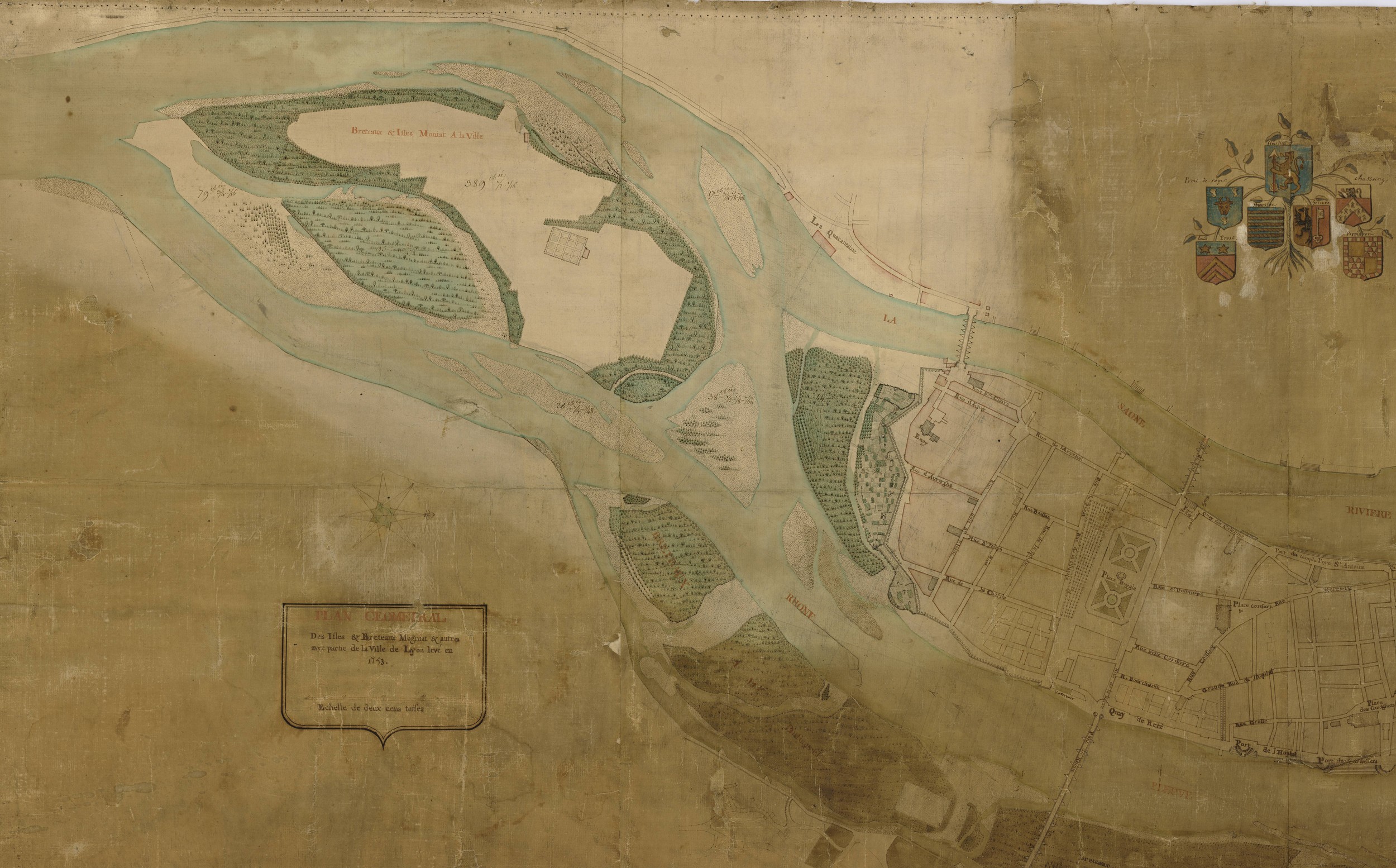 Îles et brotteaux Mogniat au sud de la presqu'île : plan géométral couleur (1753, cote : 1S/104, détail)