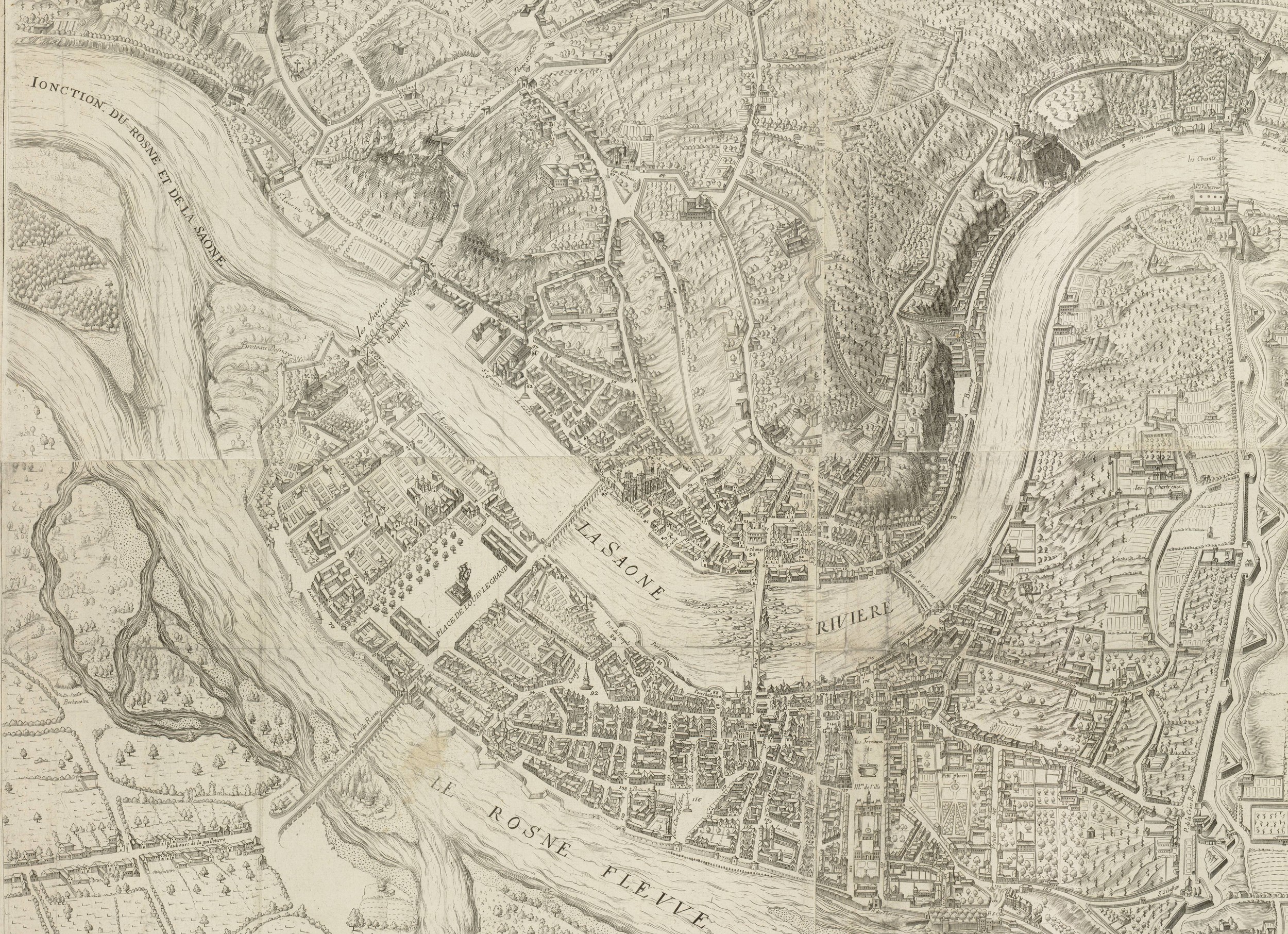 Description au naturel de la Ville de Lyon : plan gravé par Simon Maupin (3édition, 1714, cote : 1S/171, détail)