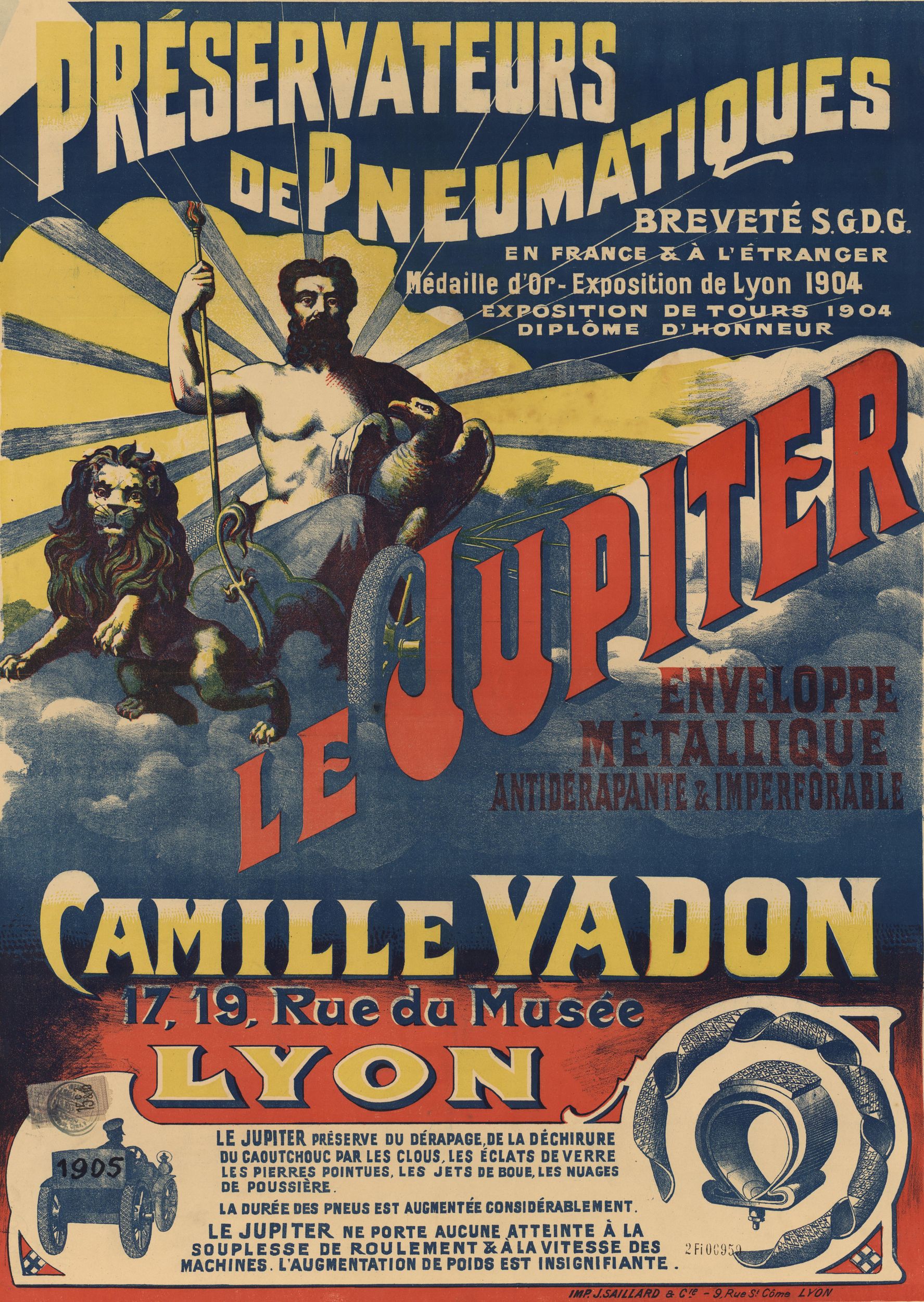 Le Jupiter, préservateur de pneumatiques - Enveloppe métallique antidérapante et imperforable : affiche publicitaire couleur (1905, cote : 2FI/959)