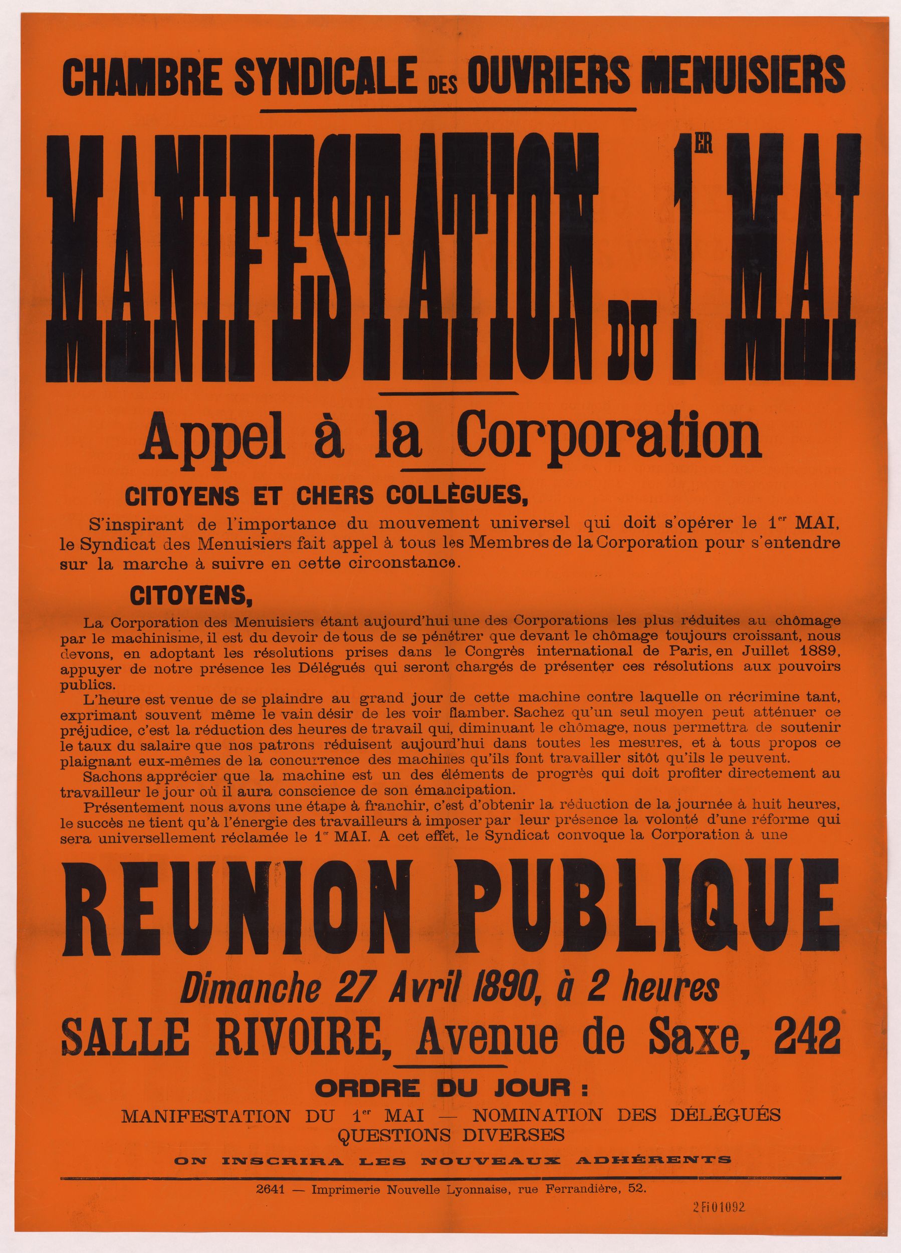 Chambre syndicale des ouvriers menuisiers, manifestation du 1er mai - Appel à la corporation : affiche syndicale (27/04/1890, cote : 2FI/1092)
