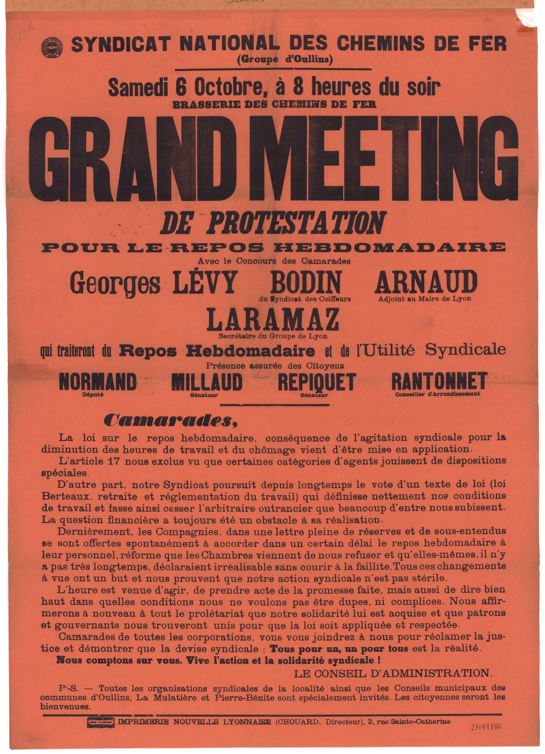 Syndicat national des chemins de fer (groupe d'Oullins) - Grand meeting de protestation pour le repos hebdomadaire : affiche syndicale (06/10/1906, cote : 2FI/1166)