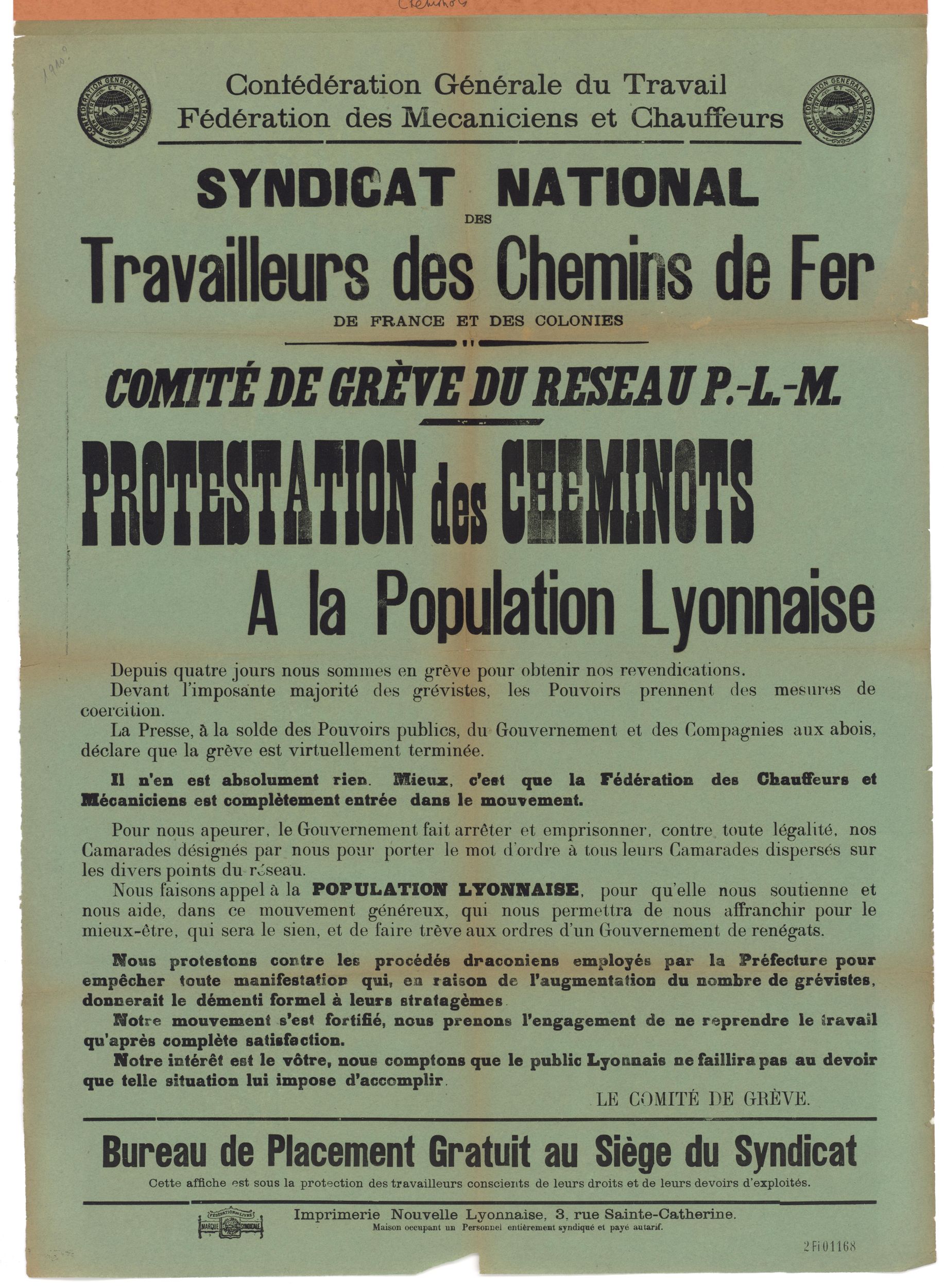 CGT - Syndicat national des travailleurs des chemins de fer, protestation des cheminots : affiche syndicale (1910, cote : 2FI/1168)