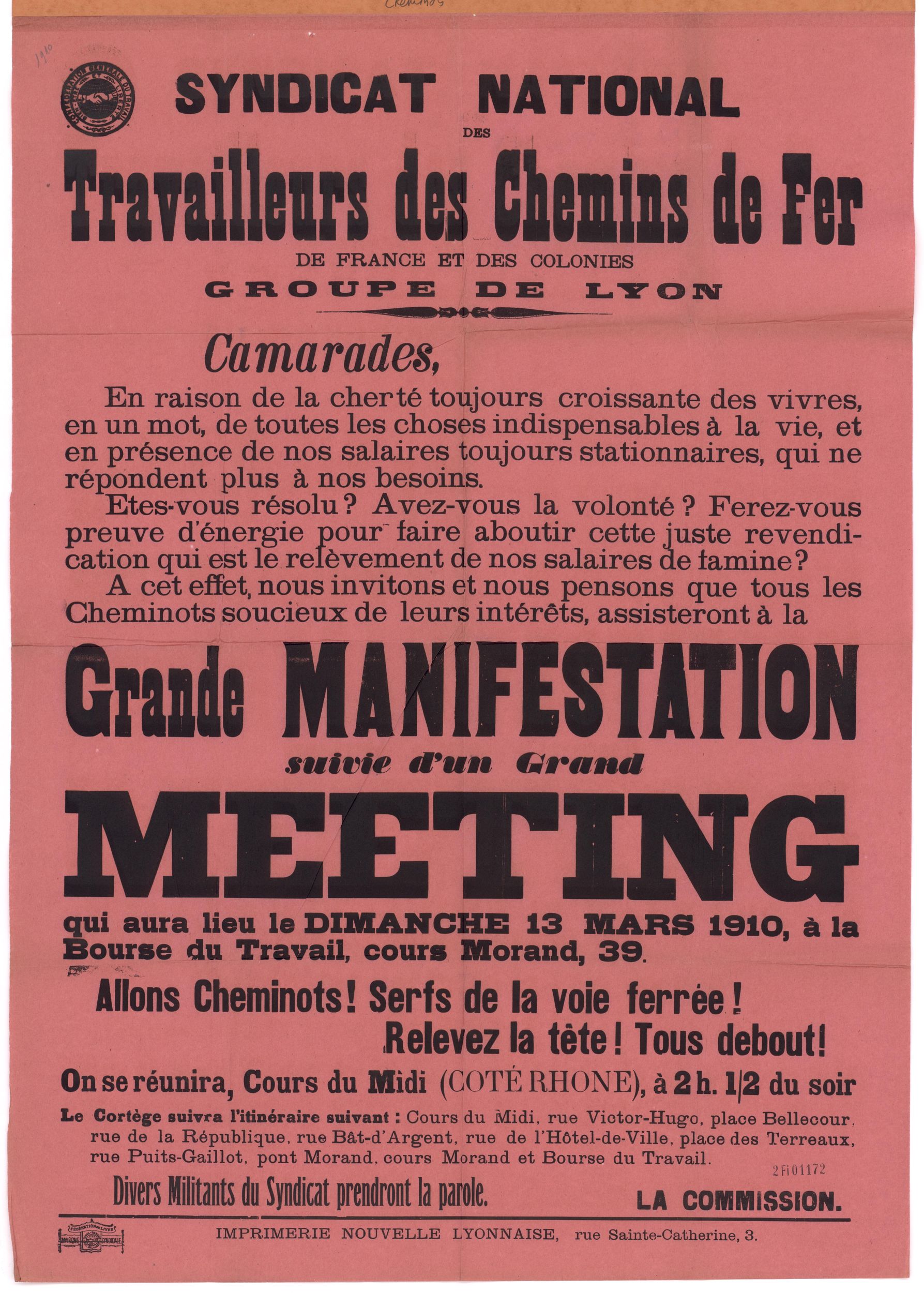 Syndicat national des travailleurs des chemins de fer - Grande manifestation suivie d'un grand meeting : affiche syndicale (13/03/1910, cote : 2FI/1172)