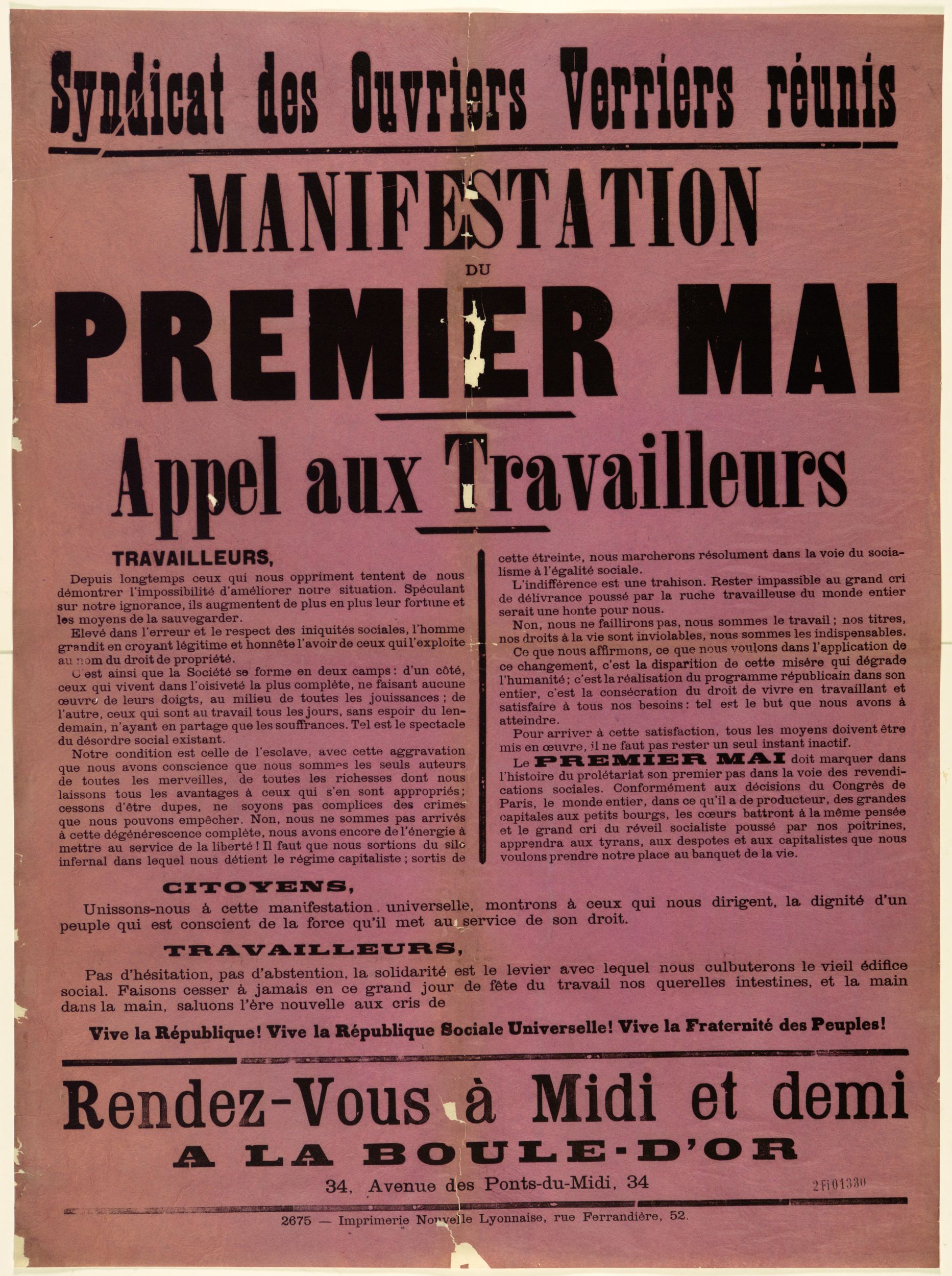 Syndicat des ouvriers verriers réunis - Manifestation du 1er mai, appel aux travailleurs : affiche syndicale (1900, cote : 2FI/1330)