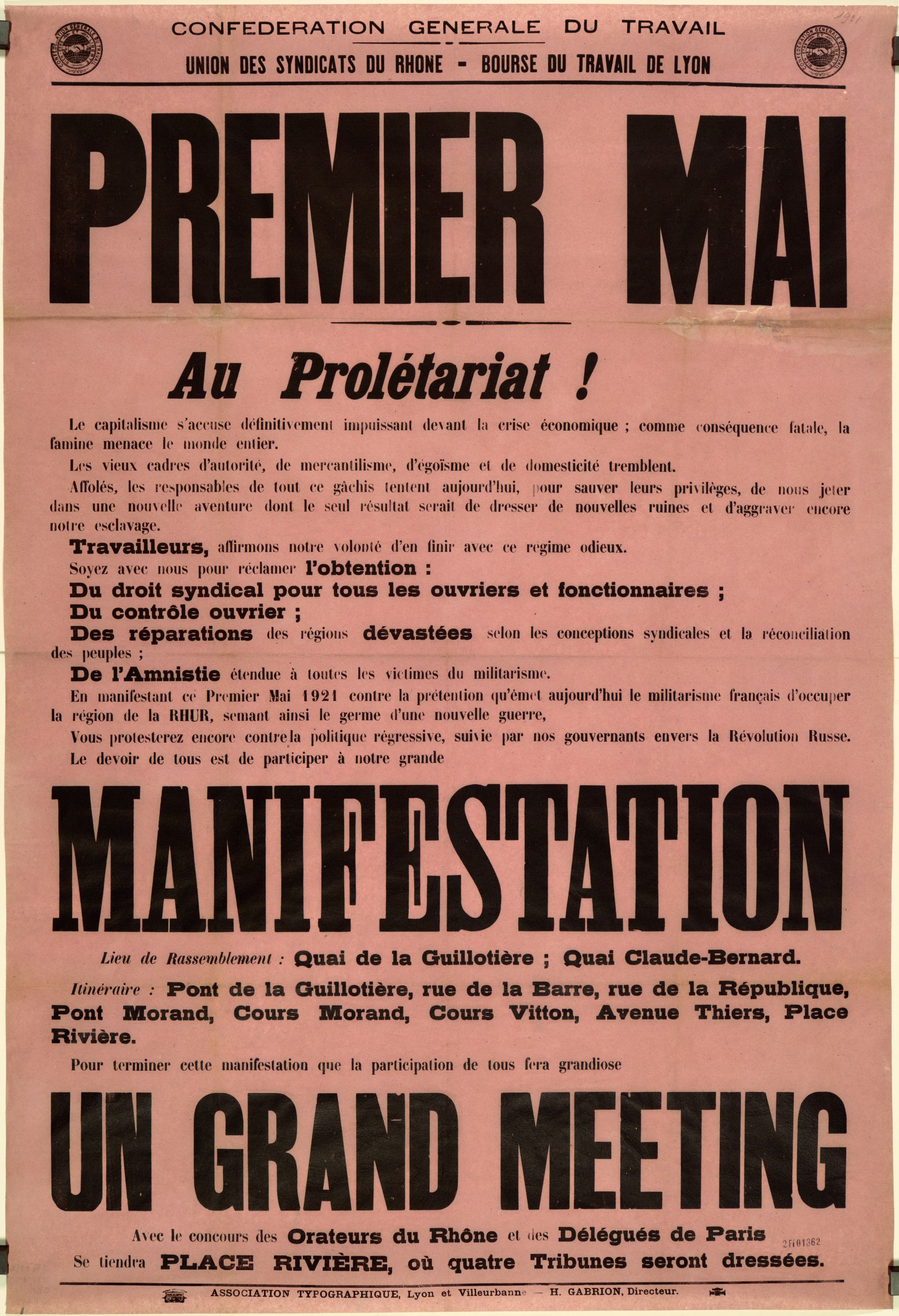 CGT - Premier mai, Au prolétariat !, manifestation, grand meeting : affiche syndicale (01/05/1921, cote : 2FI/1362)