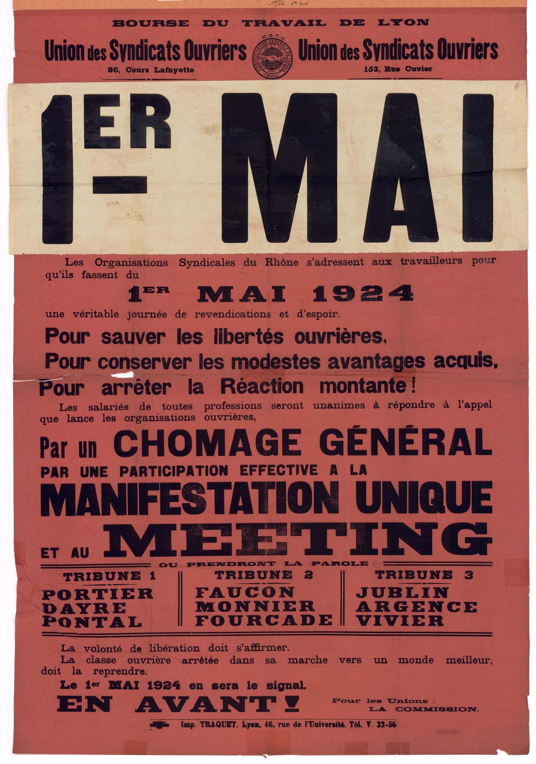 Union des syndicats ouvriers - 1er mai 1924, manifestation unique : affiche syndicale (01/05/1924, cote : 2FI/1384)