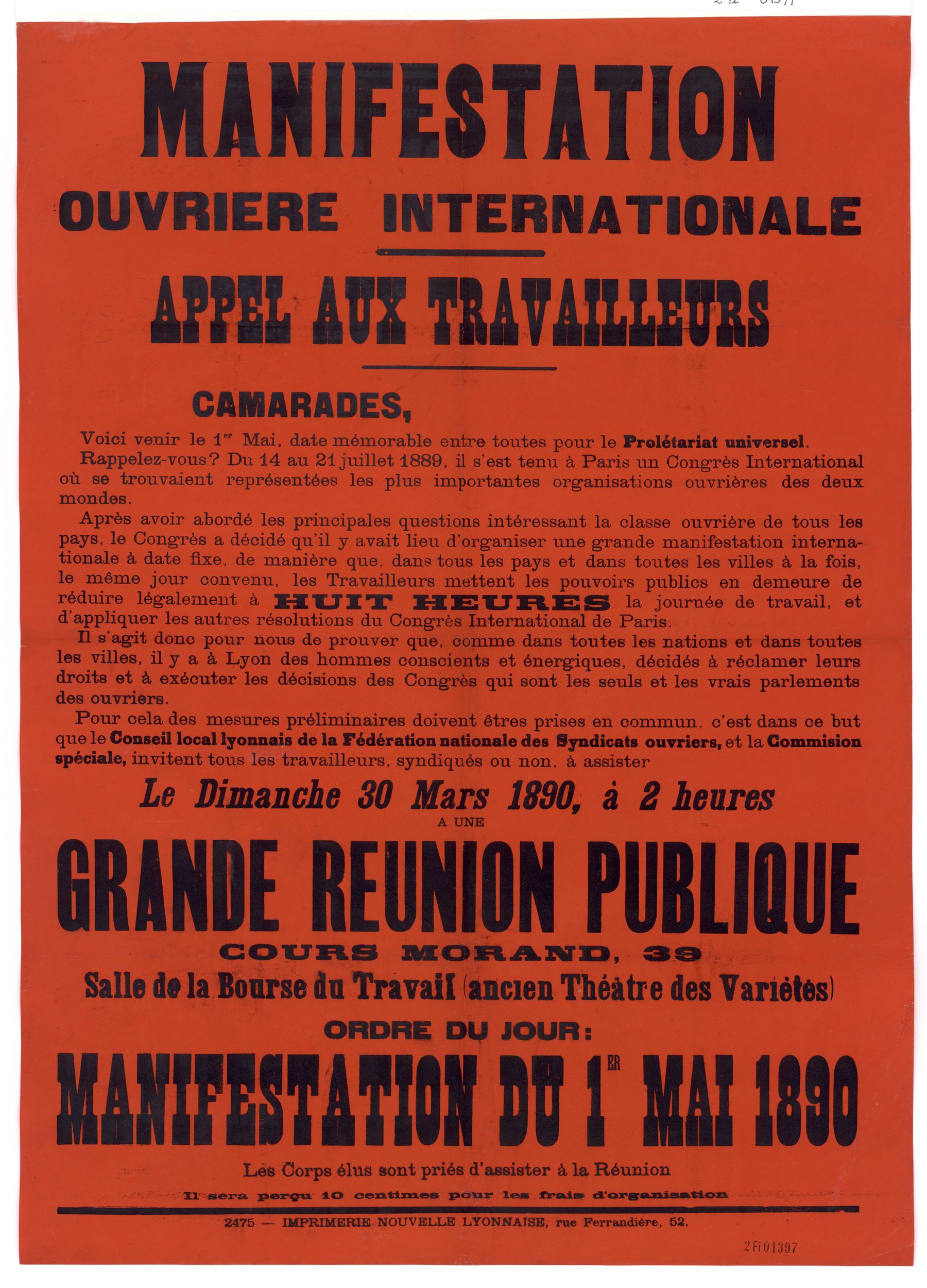 Manifestation ouvrière internationale - Appel aux travailleurs, grande réunion publique, manifestation du 1er mai 1890 : affiche syndicale (30/03/1890, cote : 2FI/1397)