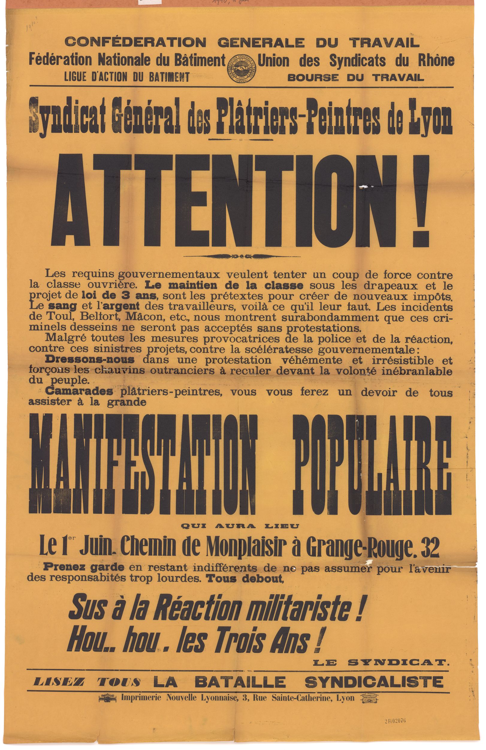 CGT - Fédération nationale du bâtiment, syndicat des plâtriers-peintres de Lyon, manifestation populaire : affiche syndicale (01/06/1913, cote : 2FI/2076)
