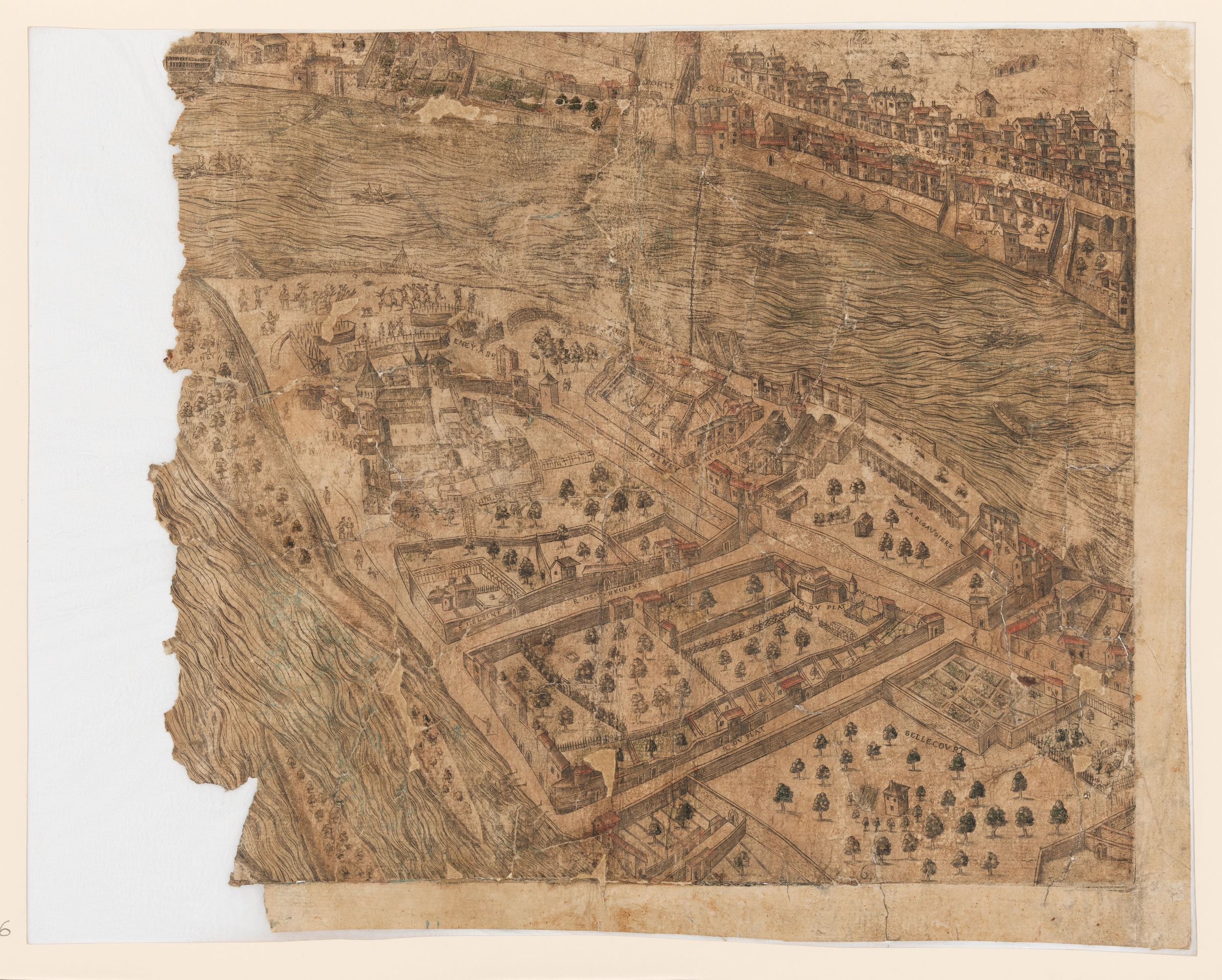 Plan scénographique de Lyon, confluent : gravure réhaussée à la gouache (vers 1550, cote 2SAT/3, pl. 6)