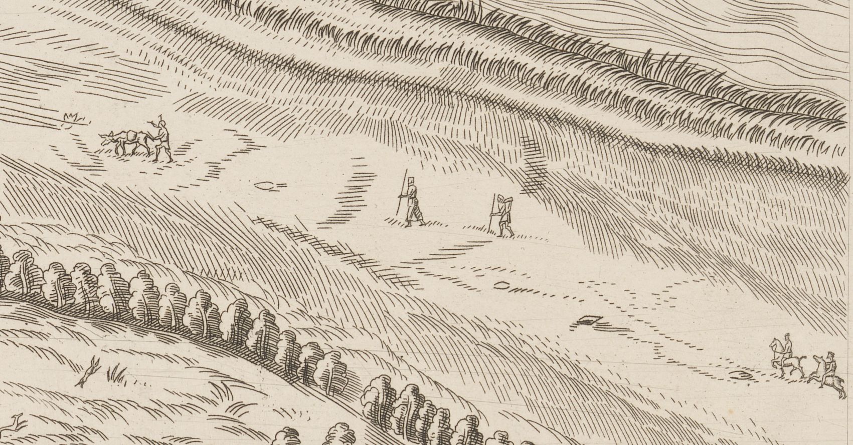 Plan scénographique de Lyon, paysan et bœuf au champ le long du Rhône : gravure NB par Seon et Dubouchet (1872-1876, cote : 2SAT/6/14, pl. 6, détail)
