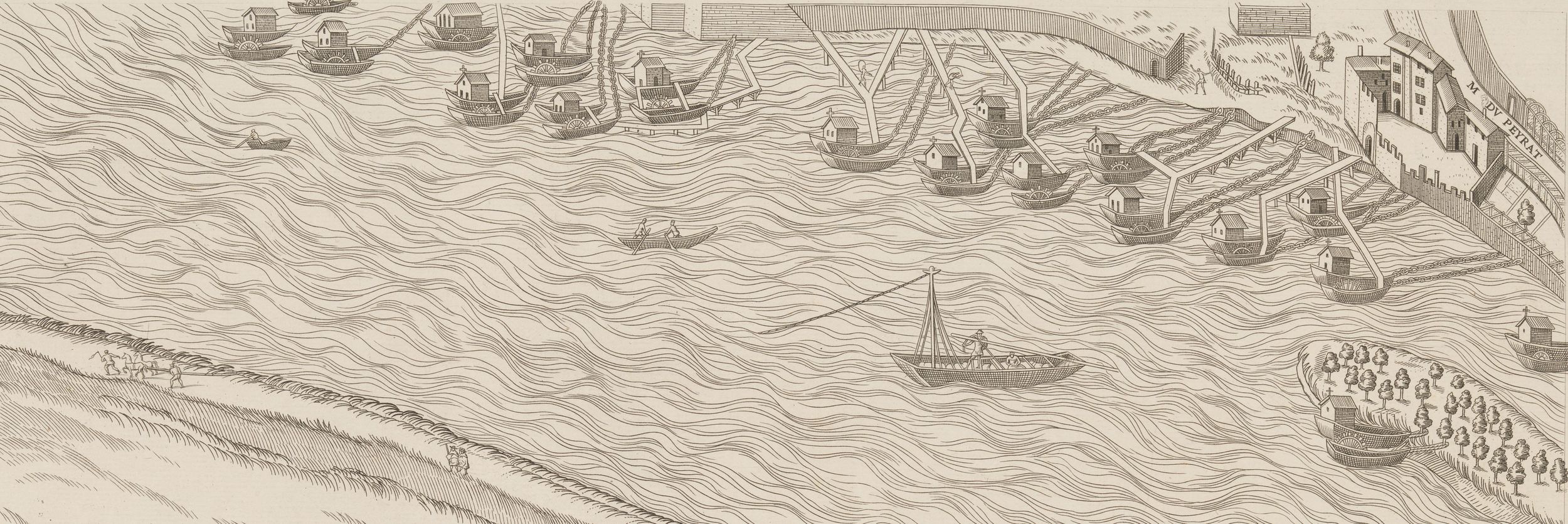 Plan scénographique de Lyon, bateaux-moulins et hommes et chevaux tractant une embarcation le long du Rhône : gravure NB par Seon et Dubouchet (1872-1876, cote : 2SAT/6/19, pl. 11, détail)