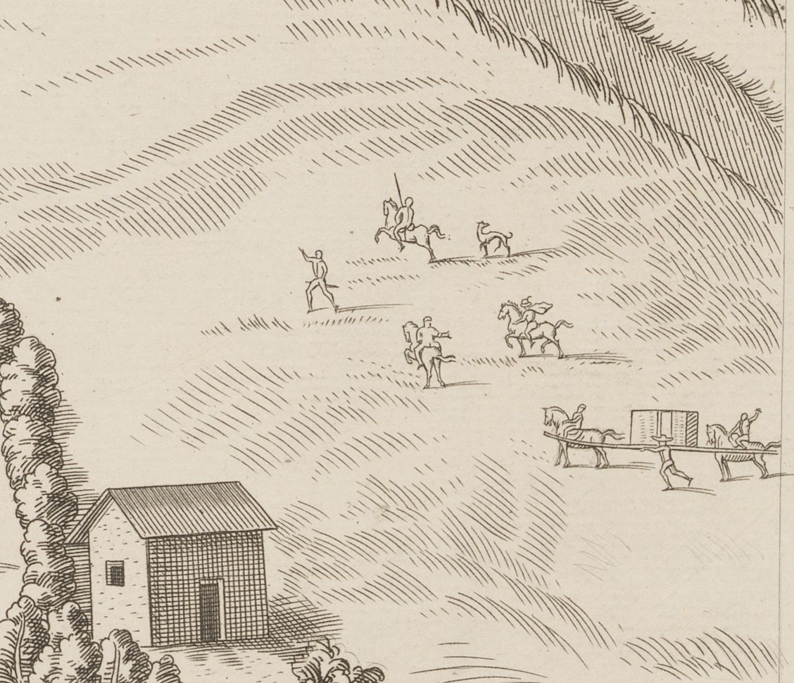 Plan scénographique de Lyon, hommes et chevaux le long du Rhône : gravure NB par Seon et Dubouchet (1872-1876, cote : 2SAT/6/19, pl. 11, détail)