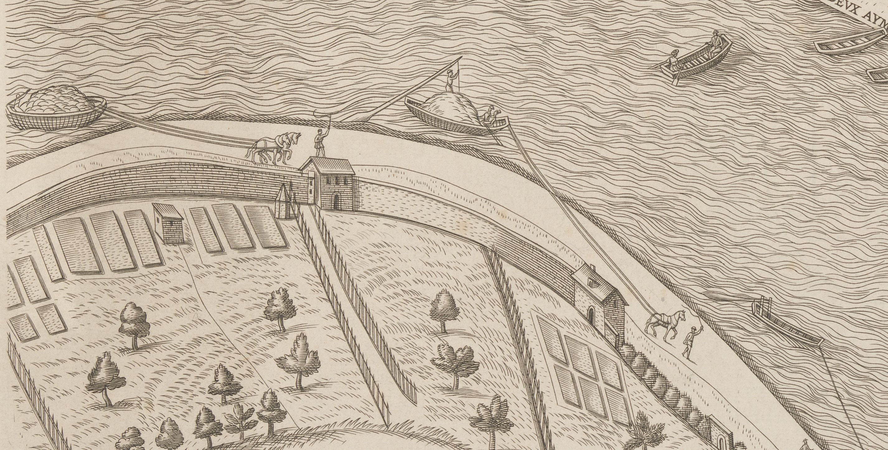 Plan scénographique de Lyon, chevaux tractant des embarcations le long de la Saône : gravure NB par Seon et Dubouchet (1872-1876, cote : 2SAT/6/32, pl. 24, détail)