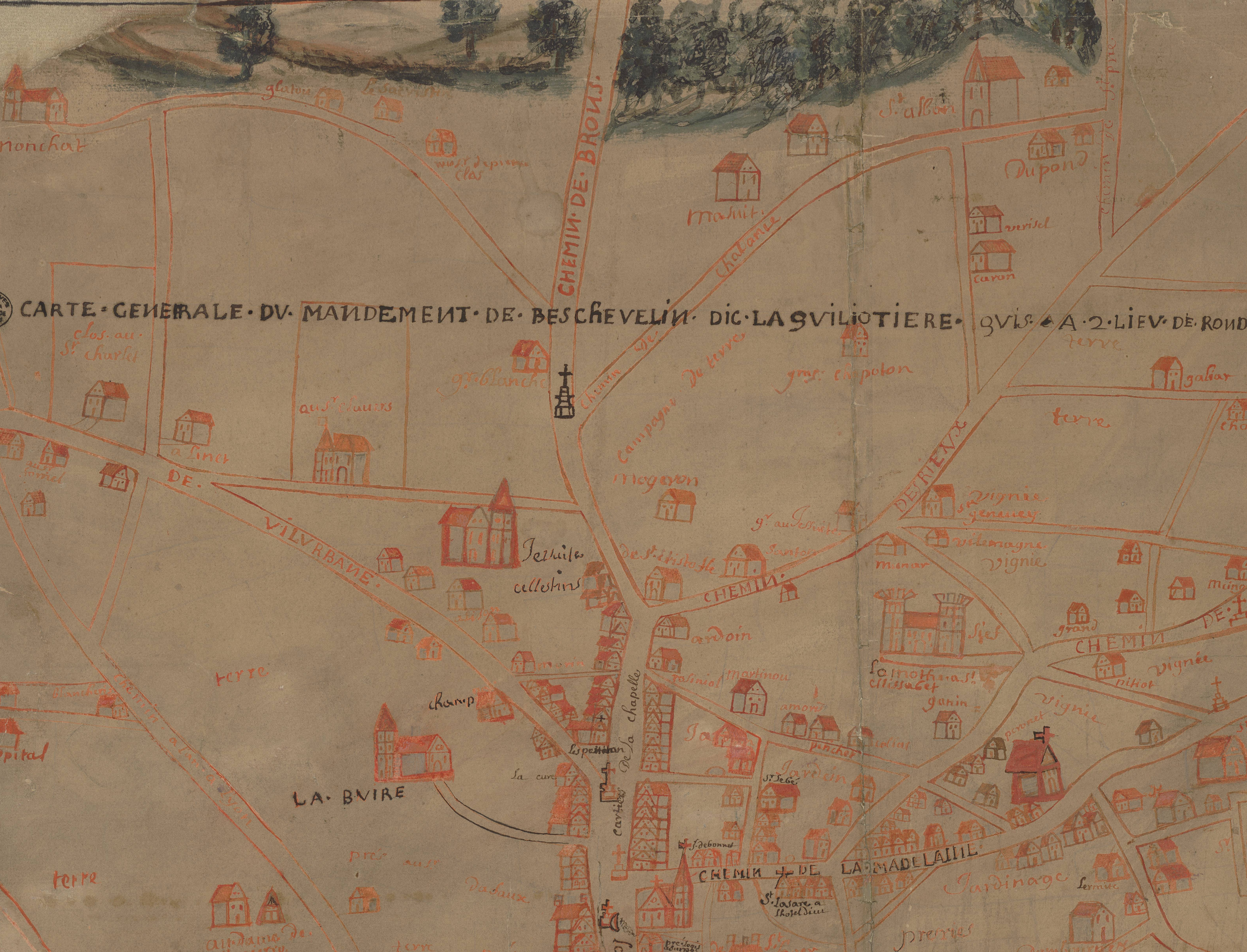 Carte générale du mandement de Béchevelin avec le quartier de la Guillotière : dessin en couleur (1675-1700, cote : 2S/4, détail)