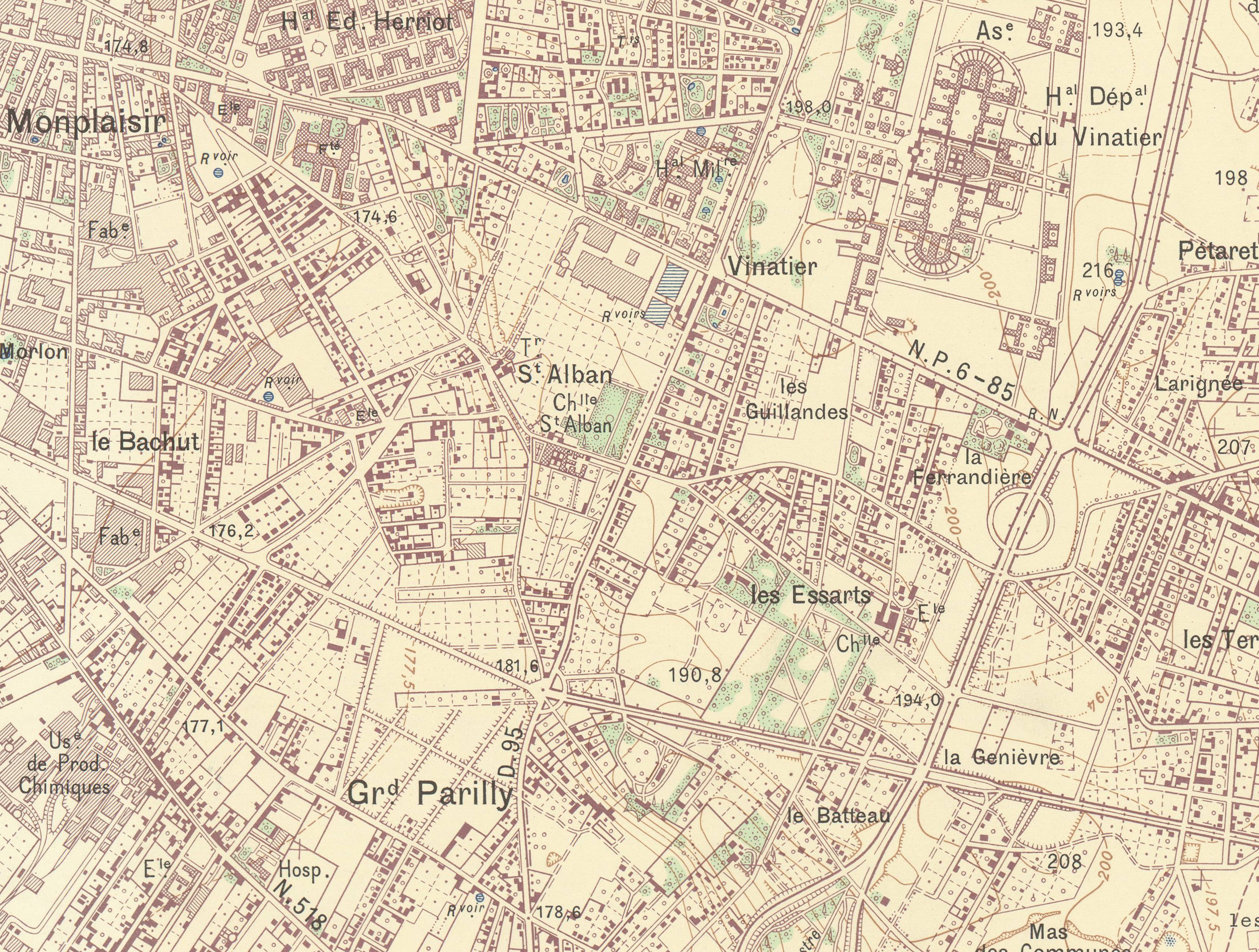 Plan directeur de Lyon n°7, sud : plan imprimé couleur par l'IGN (1952, cote : 2S/544/4, détail)