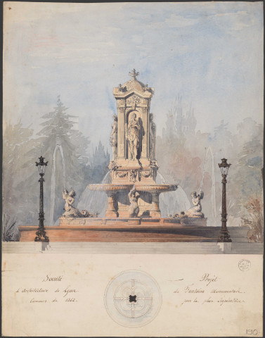 Projet de fontaine monumentale pour la place de l'Impératrice, à Lyon par Gaspard André : plan et élévation : plume et encre noire, lavis de couleurs, aquarelle, sur papier vélin (1862, cote : 33II/190)