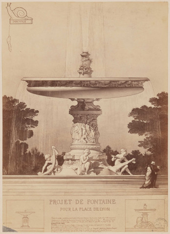 Fontaine de la Soie (ou Projet Industrie) : élévation par Gaspard André : photographie d'un plan au lavis et à l'aquarelle (1877, cote : 33II/193)