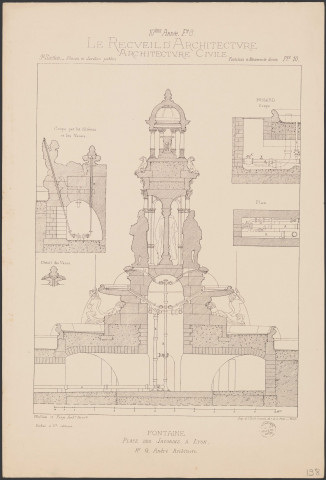 Fontaine place des Jacobins, à Lyon : coupes et détails par Gaspard André : autographie, épreuve sur papier vélin (1877-1886, cote : 33II/198)