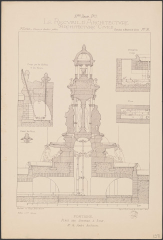 Fontaine place des Jacobins, à Lyon : coupes et détails par Gaspard André : autographie, épreuve sur papier vélin (1877-1886, cote : 33II/198)