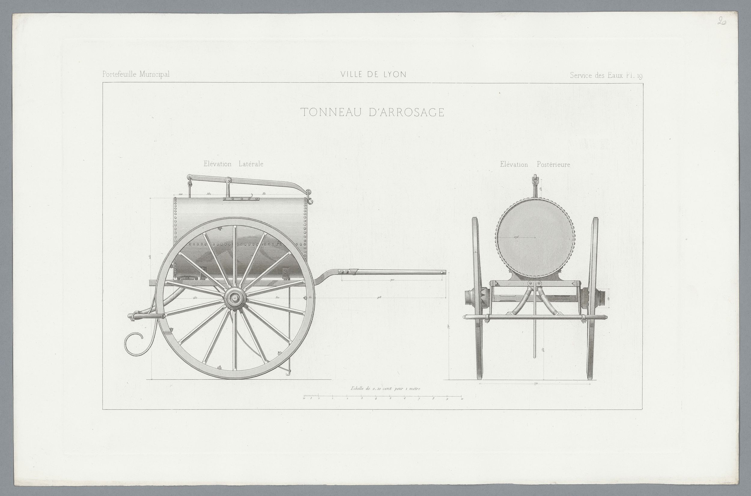 Tonneau d'arrosage extr. du portefeuille municipal : gravure NB par Lemaître (1875-1880, cote : 3SAT/11/20)