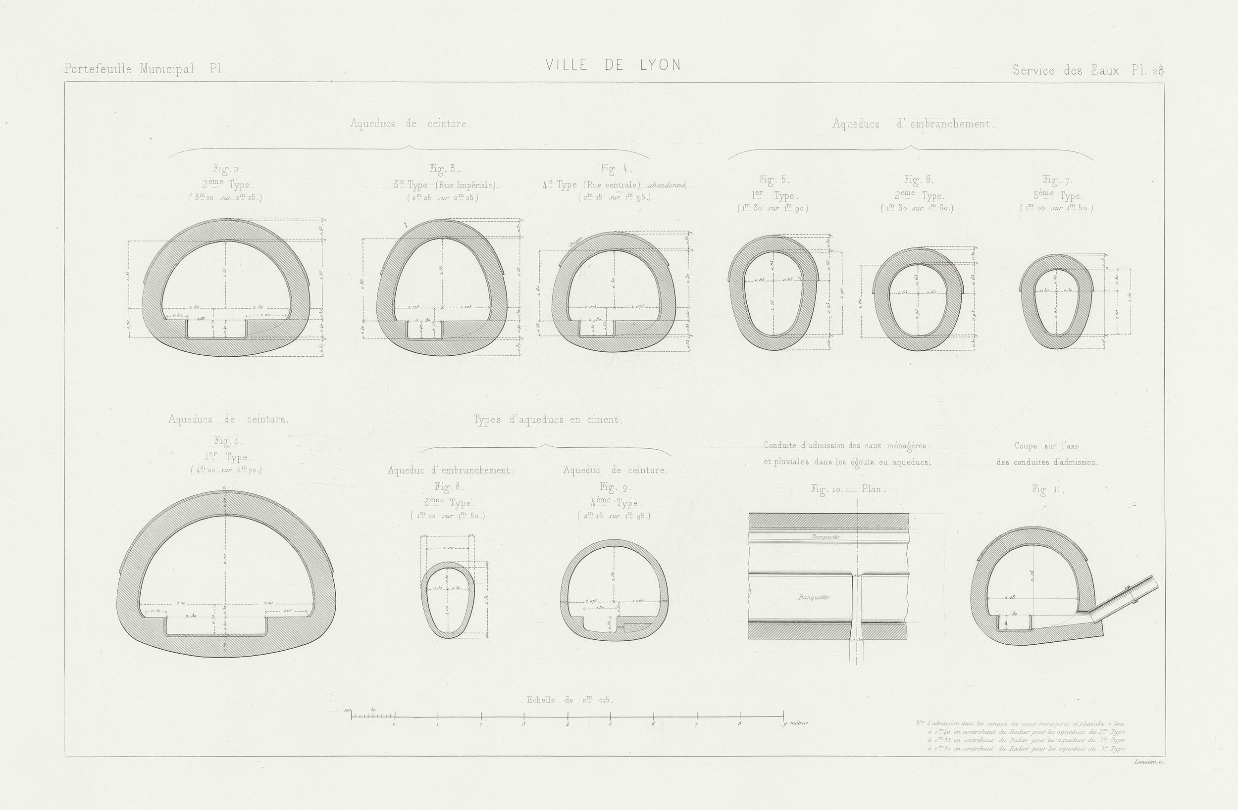 Divers types d'aqueducs : planches de pièces techniques et de mobilier urbain utilisés par le personnel communal sur papier cartonné NB burin et eau-forte (1875-1880, cote : 3SAT/11/28)